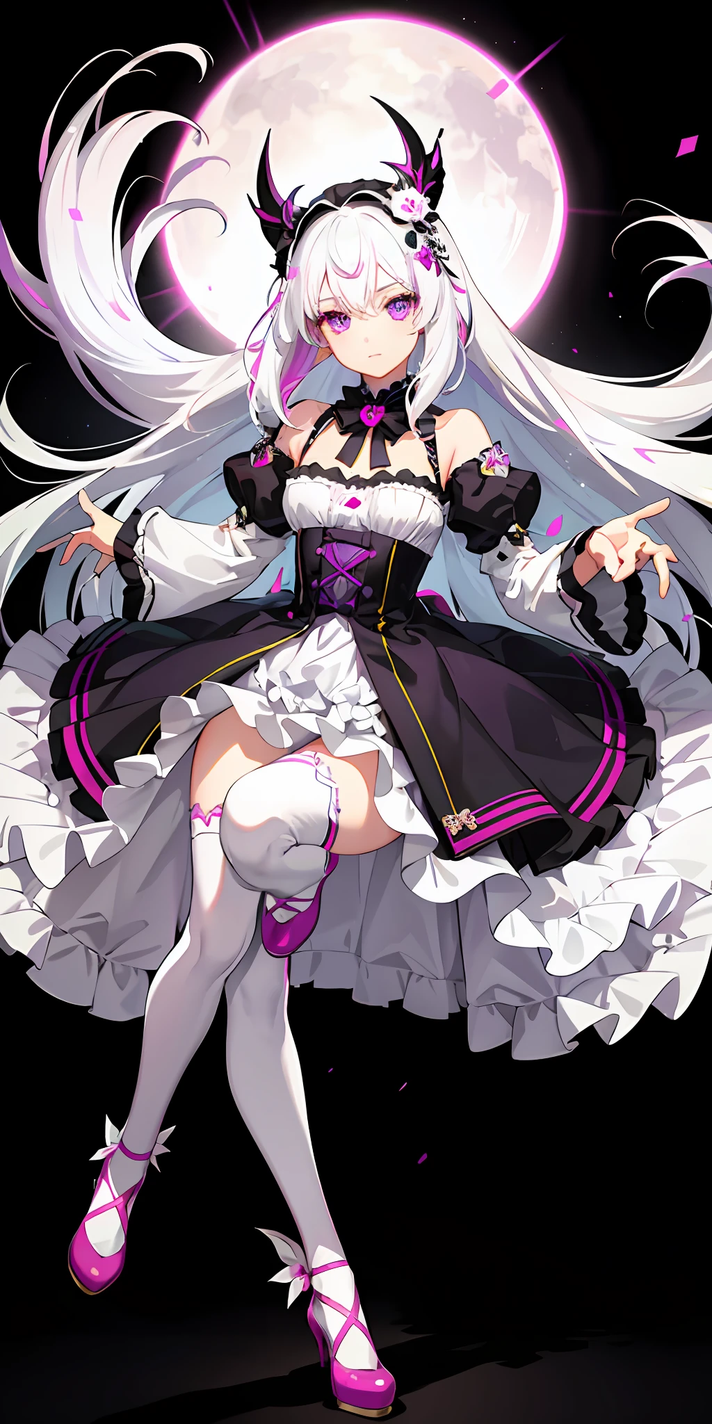 1girl, white hair, multicolored hair, purple eyes, mask on head, side light, light particles, wallpaper, medium chest, pink stockings, Lolita shoes