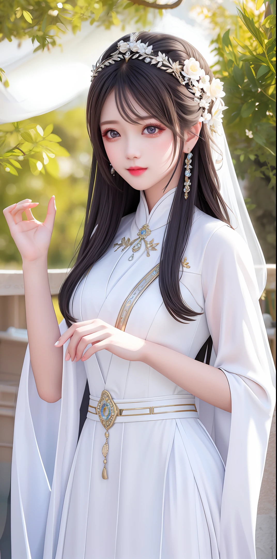 Erhai background, intellectual beauty, white long dress, 8K, realistic, EOS5D, facial details portrayal