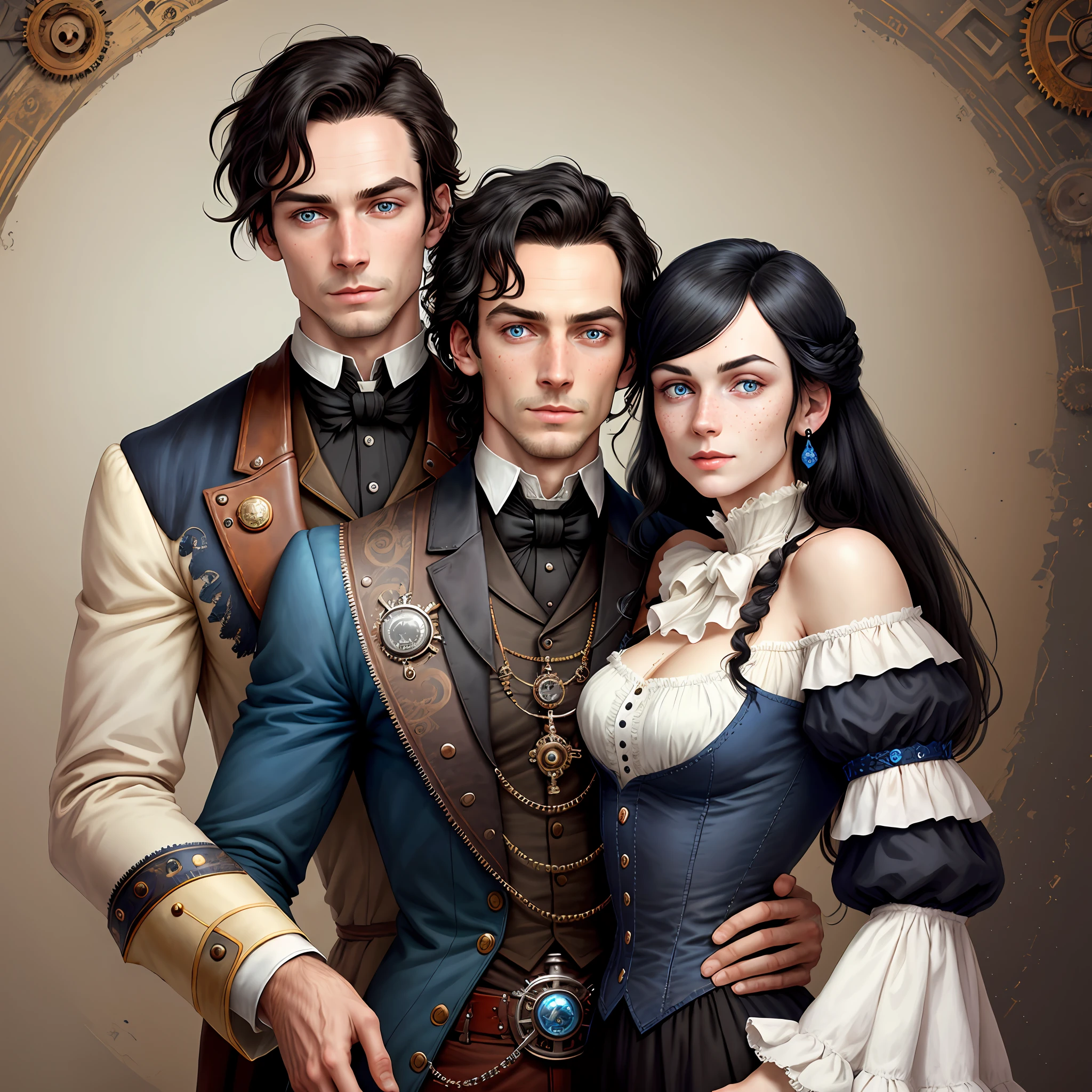 Realism, white man, shoulder-length black hair, blue eyes, with freckles on his face, wearing Victorian Steampunk clothes