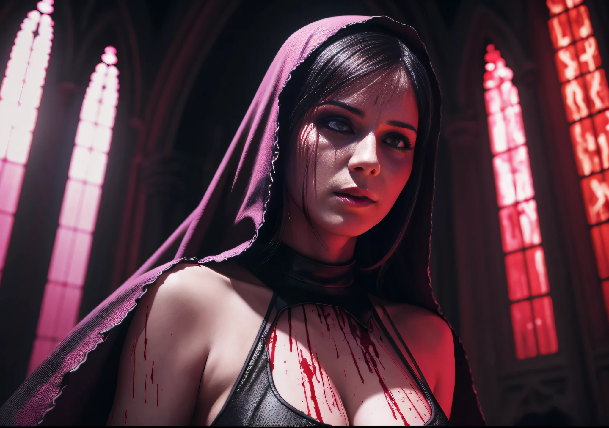 woman dj nun crying blood, dark, horror, red tones, gothic church in the background where we have a rave, ultra realistic, horror movie lighting, scary, chaos, neon lights in the background, realistic, dark, huge breast, Fujifilm Fujichrome Provia 100F movie, flashlight, ultra realistic, 8K UHD. --auto --s2