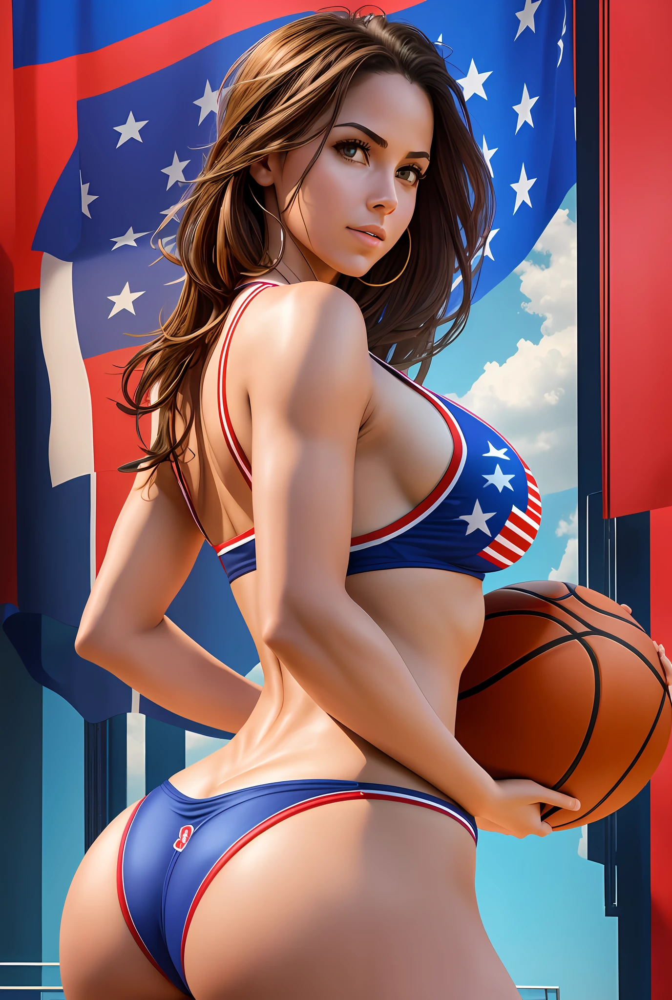create a realistic image of a woman playing basketball wearing a bikini , woman has a big butt and full breasts , USA flag in the background , 8k, nsfw --auto --s2