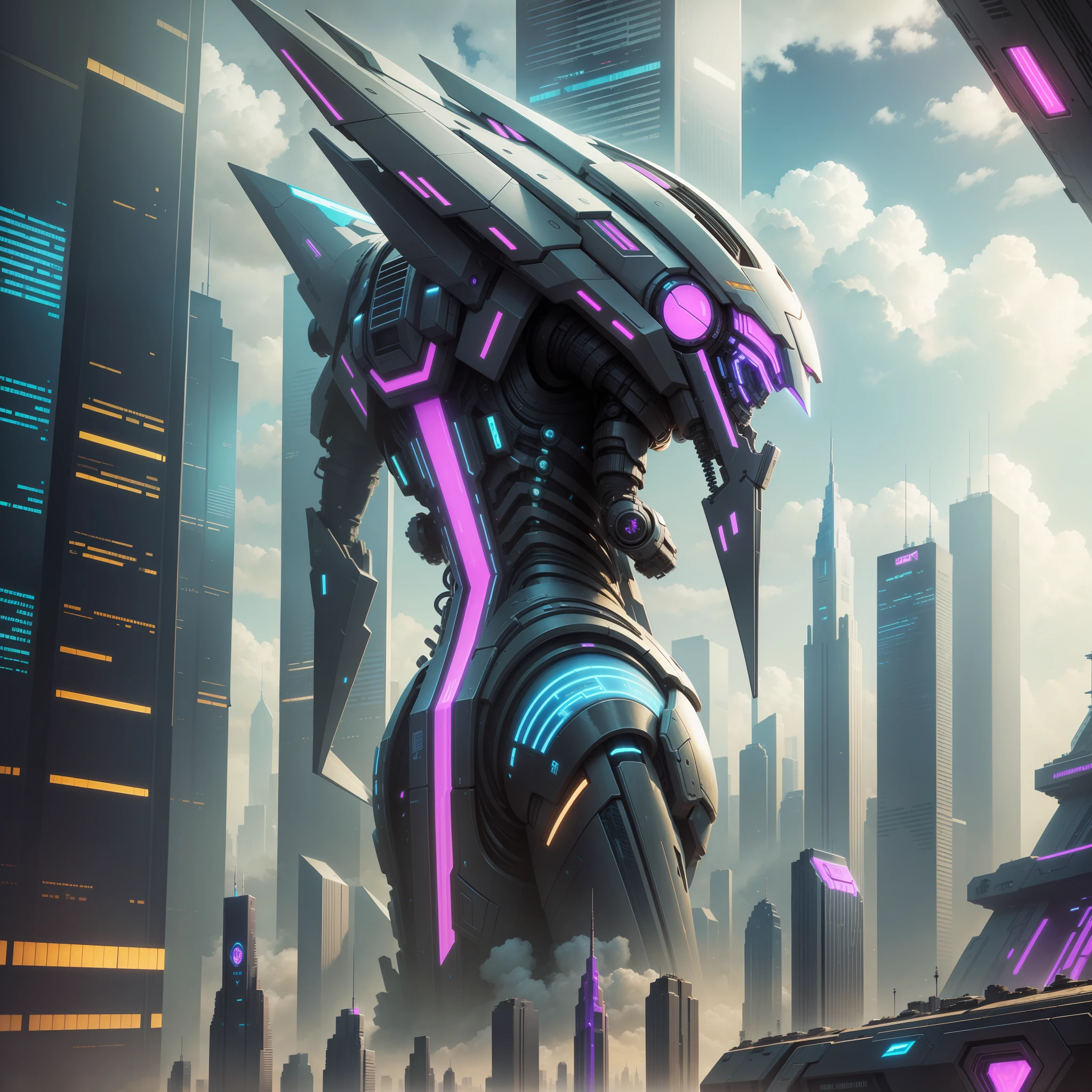 Skyscrapers Higher than Clouds Cyberpunk Futuristic World Sci-Fi Utopia Robot Top Quality Masterpiece