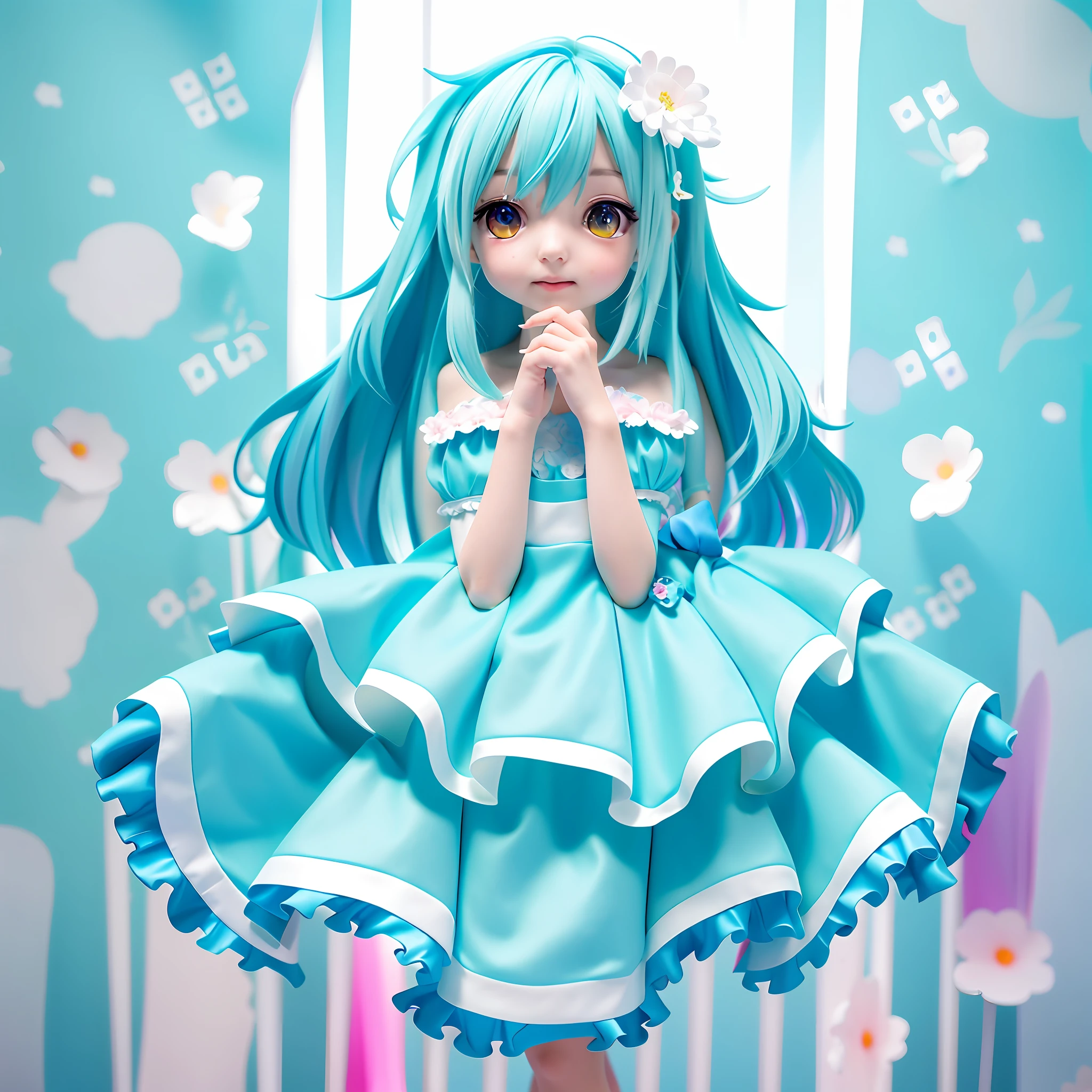 a cartoon girl in a white dress with blue flowers on her head, cute anime waifu in a nice dress, high quality anime artstyle, the anime girl is crouching, in dress, pale young ghost girl, anime girl with teal hair, anime art style, cute anime girl, cute anime style, anime girl with long hair, pixiv style