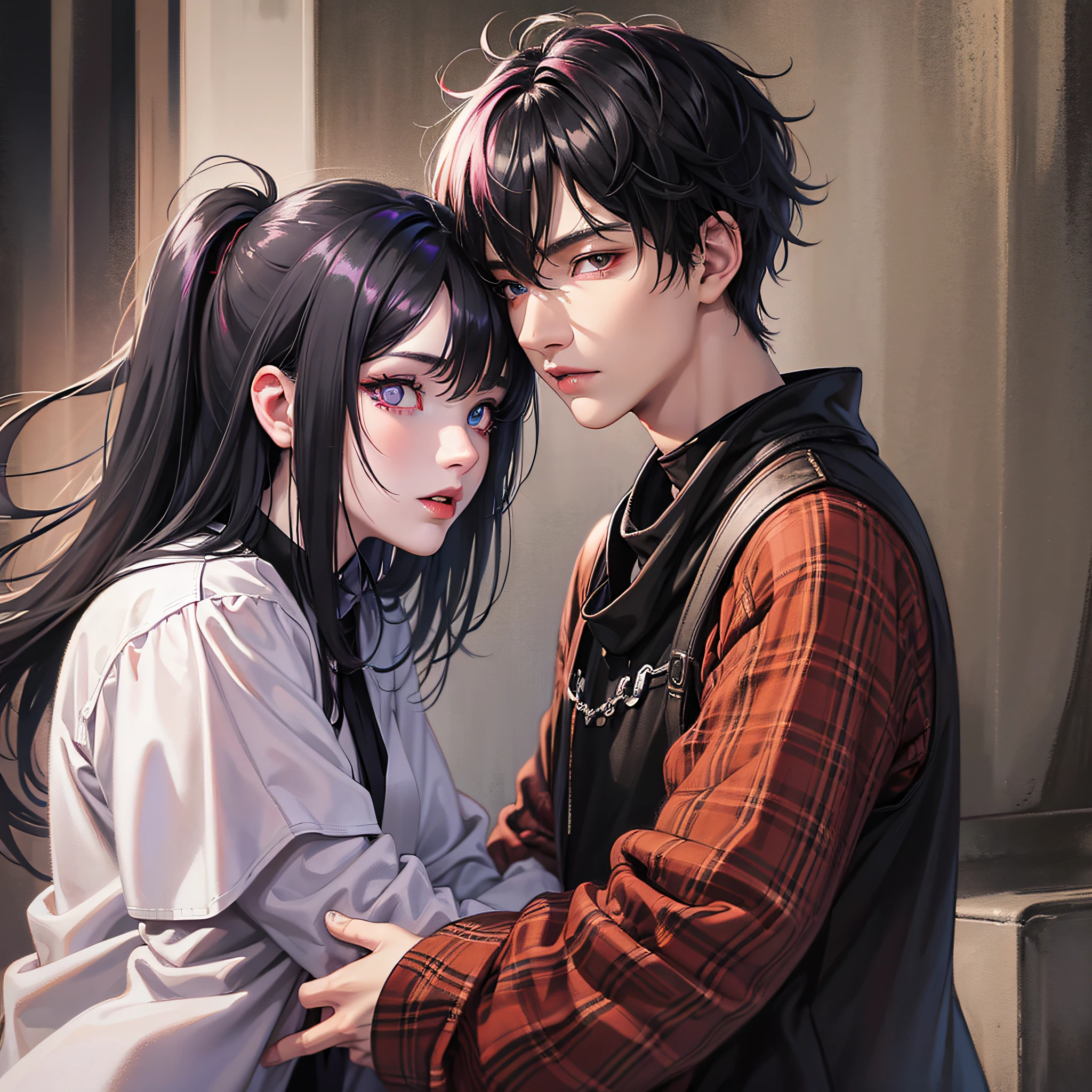 England Guy with Light skin, medium black hair, heterochromia, his left eye is orange and his right eye is green, he uses emo clothes, and is kissing a asian woman with Medium black hair with a front purple bang, white skin, pink eyes, goth clothes --auto --s2