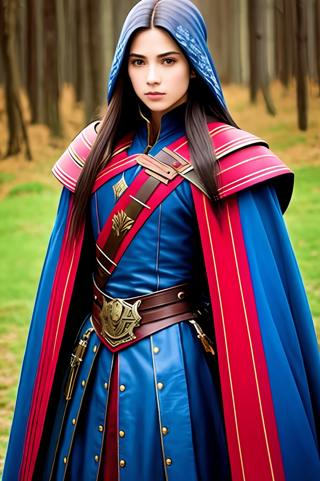 Blue cloak red stripes, leather armor, 18 maiden, long hair