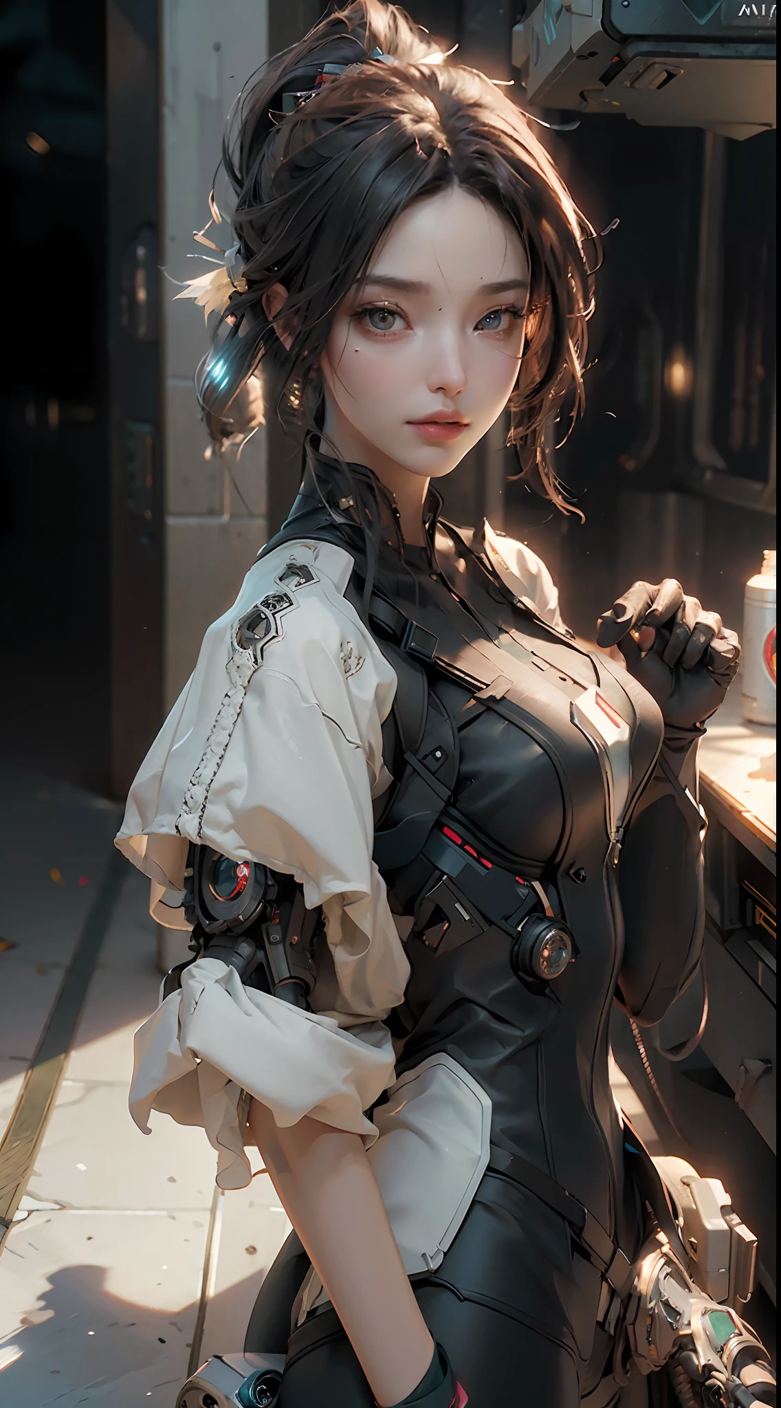 ((Best quality)), ((masterpiece)), (detailed:1.4), 3D, an image of a beautiful cyberpunk female,HDR (High Dynamic Range),Ray Tracing,NVIDIA RTX,Super-Resolution,Unreal 5,Subsurface scattering,PBR Texturing,Post-processing,Anisotropic Filtering,Depth-of-field,Maximum clarity and sharpness,Multi-layered textures,Albedo and Specular maps,Surface shading,Accurate simulation of light-material interaction,Perfect proportions,Octane Render,Two-tone lighting,Wide aperture,Low ISO,White balance,Rule of thirds,8K RAW,