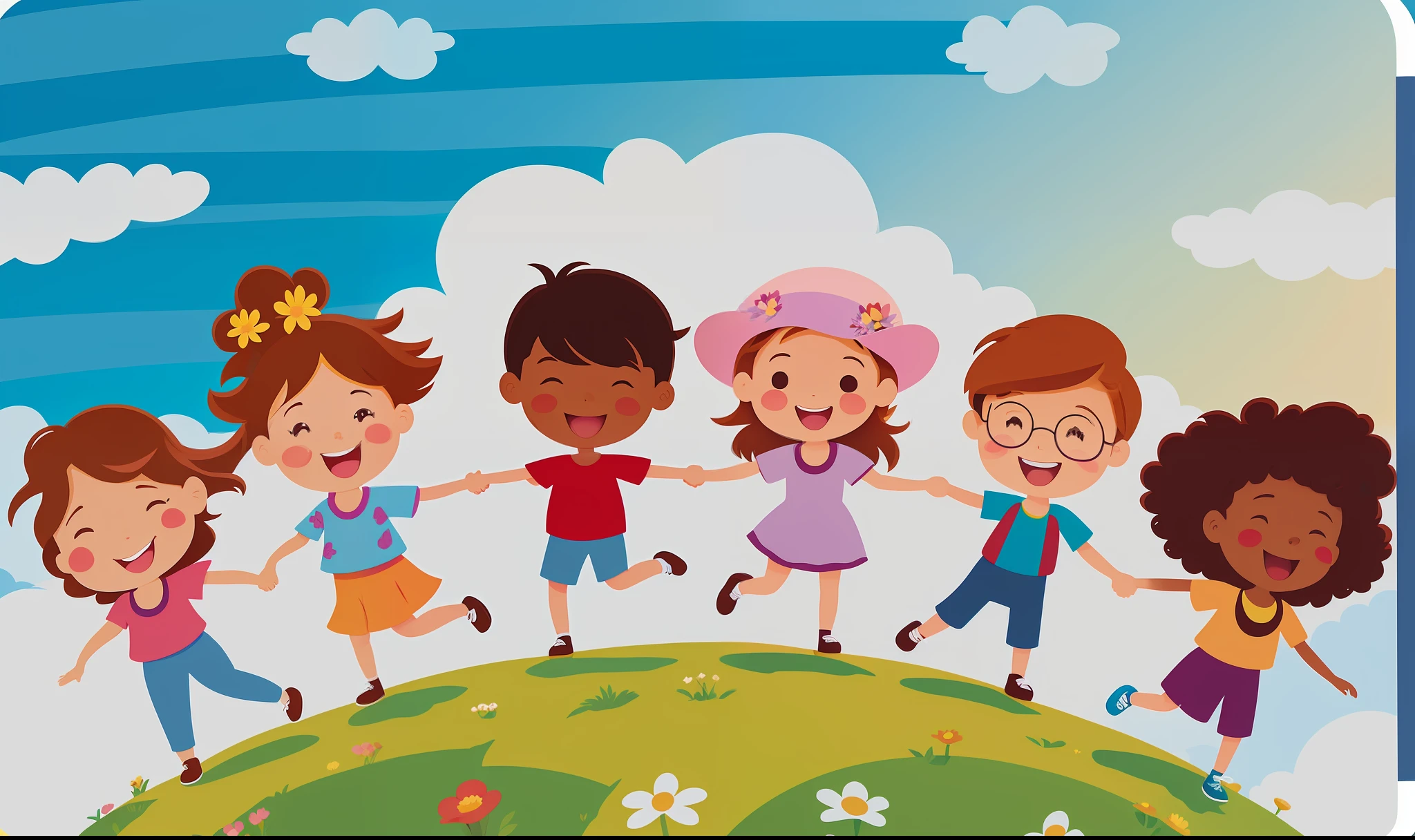 cartoon children holding hands on a hill with flowers, children's cartoon, children illustration, illustration for children, childrens illustration, cartoon illustration, colorful kids book illustration, bright sunny day, children\'s illustration, cartoon image, sunny day time, happy kid, kids book illustration, for kids, on a sunny day, cartoon still, kids playing, children's illustration