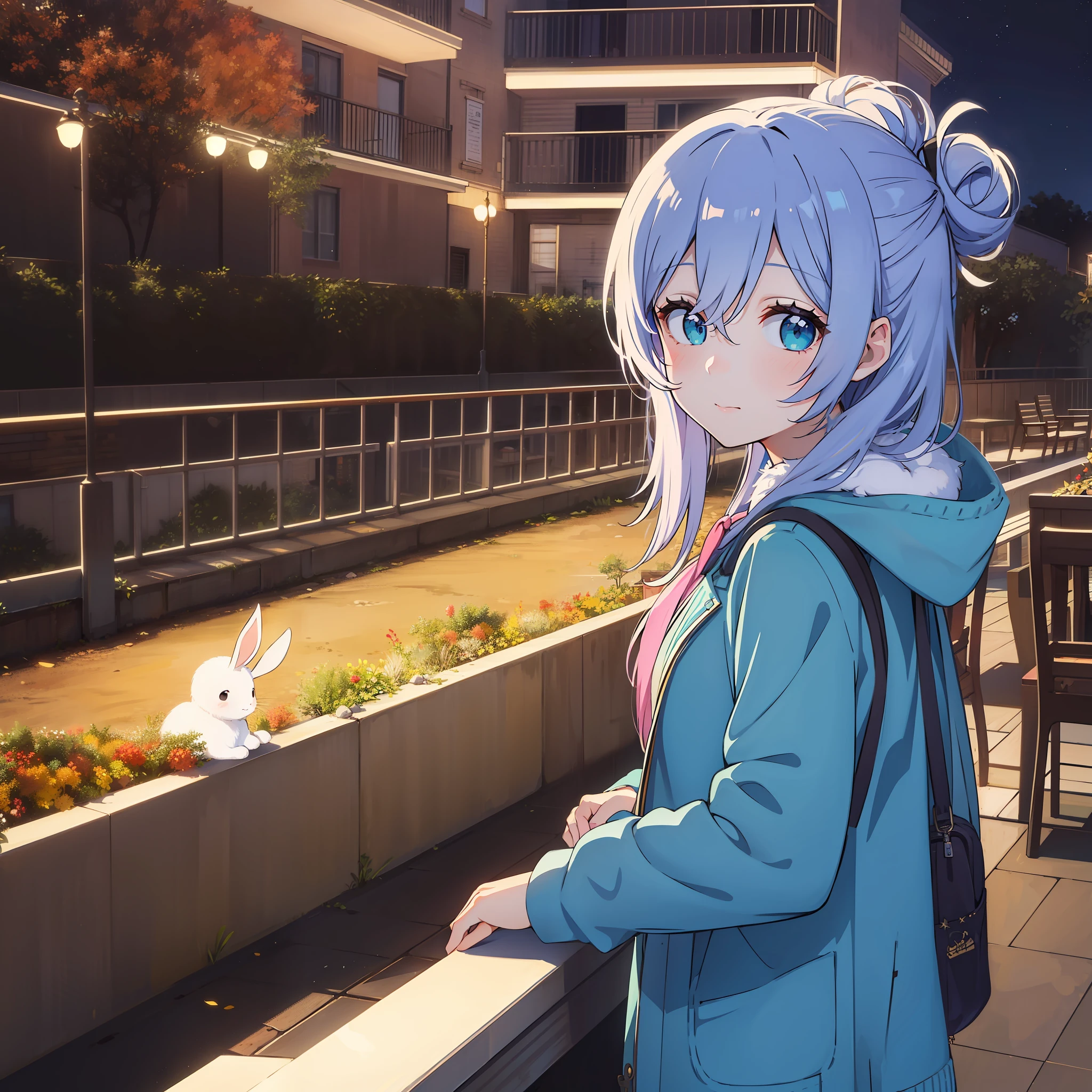 (masterpiece), (best quality), (highly detailed), 1girl, solo, cyan eyes, holding a bunny, looking at viewer, balcony, night, stars, holding a bunny, long sleeves, bangs, standing in balcony, closed mouth, evening time, long hair, hair between eyes, ribbon, open clothes, bag, autumn, black ribbon, coat, pastel hair ribbon, hair bun, upper body, jacket, sidelocks, blush.