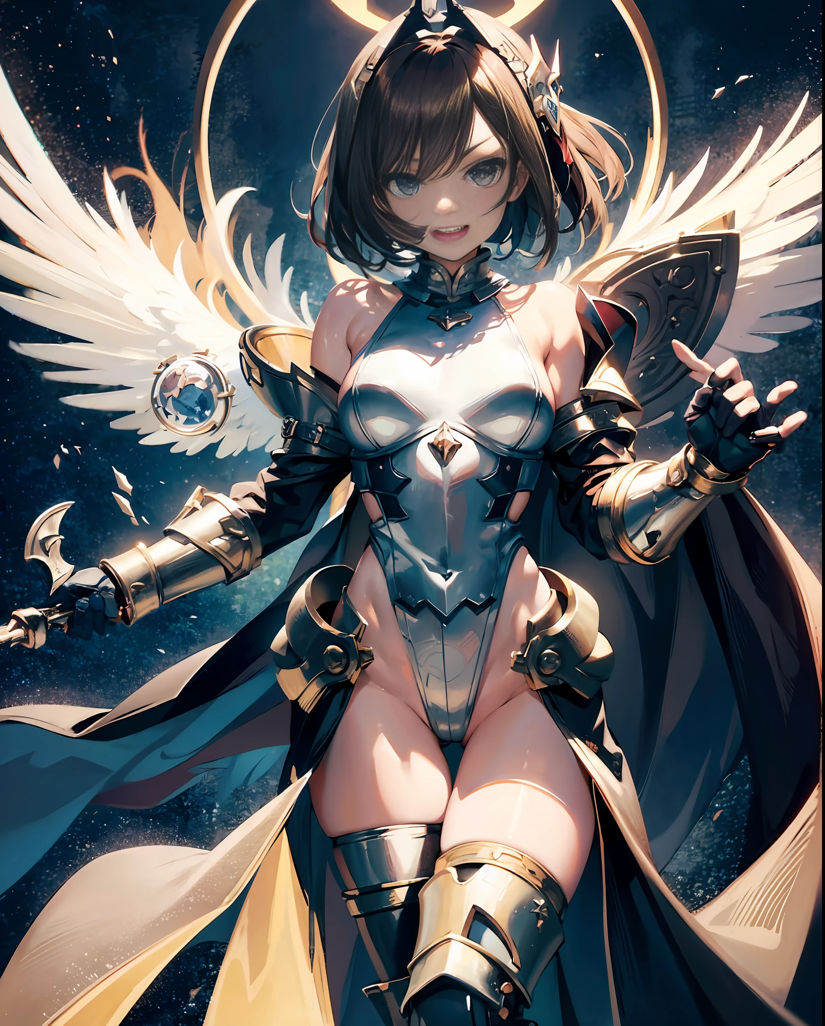 fantasy, 1angel_girl, loli,bwn_hair, medium_bob_hair, long_bangs, halo,bare_shoulder,thighhighs,silver_armor, waist_armor, large_breasts,angry,grinning,open_mouth_teeth, 1pair_wings, dynamic_pose_fighting,floating, bare_crotch, headgear,gauntlet, greaves,city_sky_background,slightly_spread_legs, solo, groin_naked