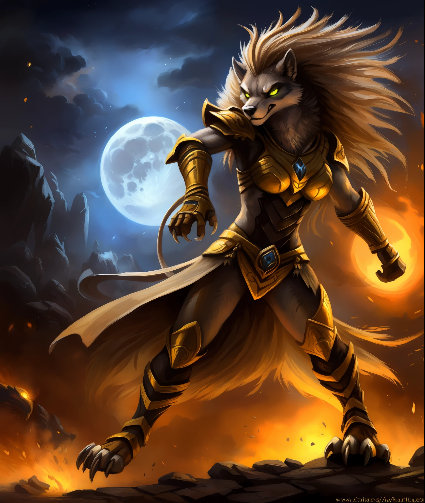 (12k, Best Quality, Masterpiece), Epic and Beatiful Portrait of a Antro gray wolf paladin, female, (((Majestic Golden))), sharp claws, battle stance, ready to fight, angry expression, wrath, long moon hairs, epic Shining Mane, glowing eyes, very beautifuland attractive, Heroic Character, Kenket, Zaush, trending on Artstation, Posted on E621, The Great Underground in the Background