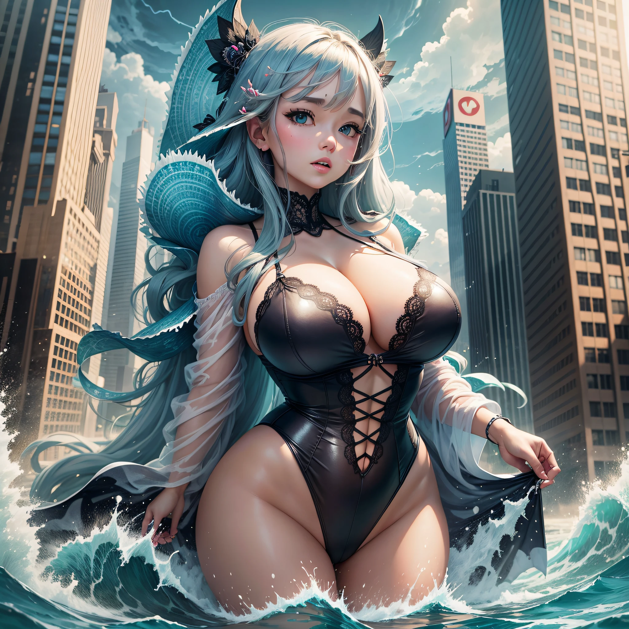 A huge tsunami covers the city, a huge woman in the water, standing upright, lace lingerie, a flood --auto --s2