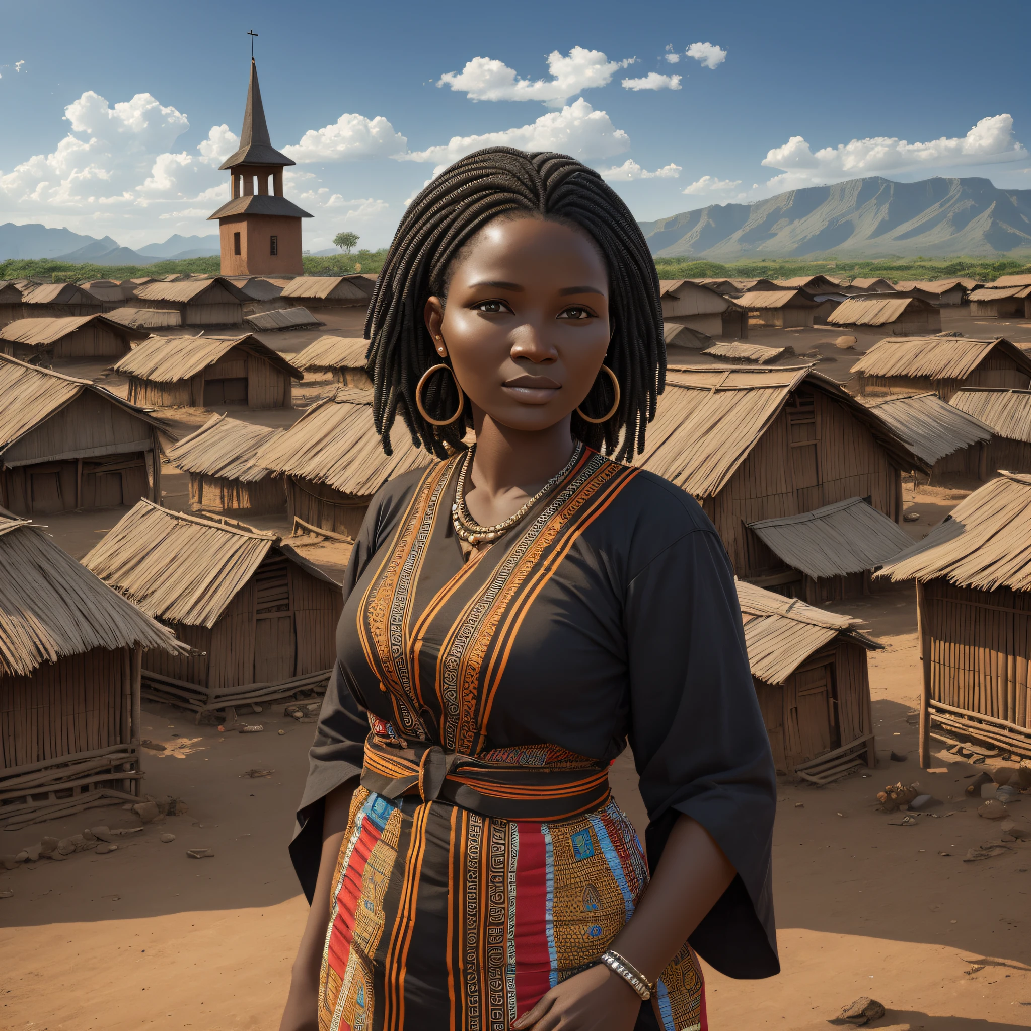 detailed description) (Best quality) black woman, 30 years old, quilombola, with evangelical clothes, with quilombola house in the background. --auto --s2