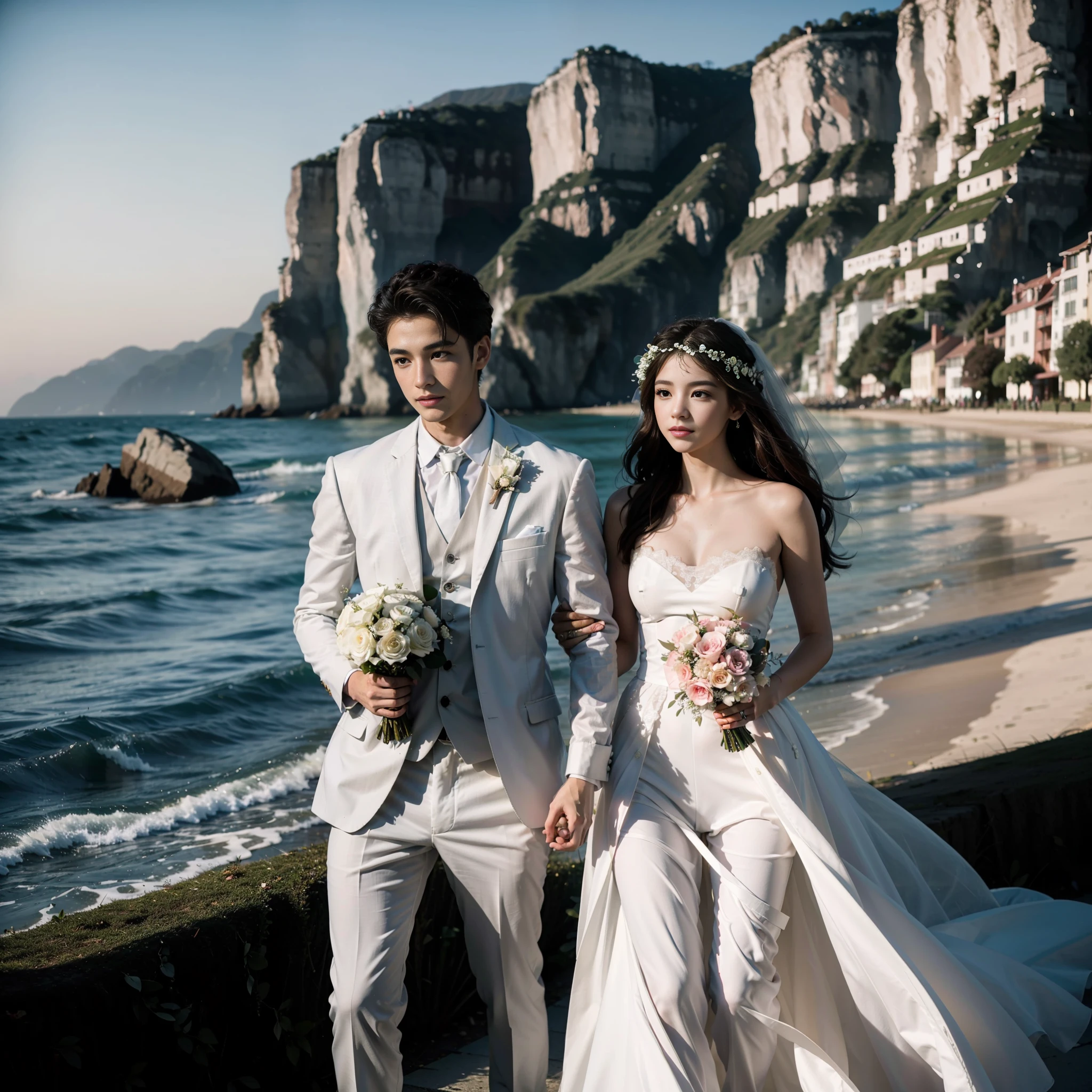 (Beautiful, romantic), fresh and beautiful wonderland, in the sea breeze (1boy+1girl) dressed in a gorgeous wedding dress, wreaths intertwined, a pair of young men and women, one wearing a suit, the other wearing a wedding dress, perfect to show love and romance. Details in bright sunlight, bright scenery and color plus, rendering romantic freshness.