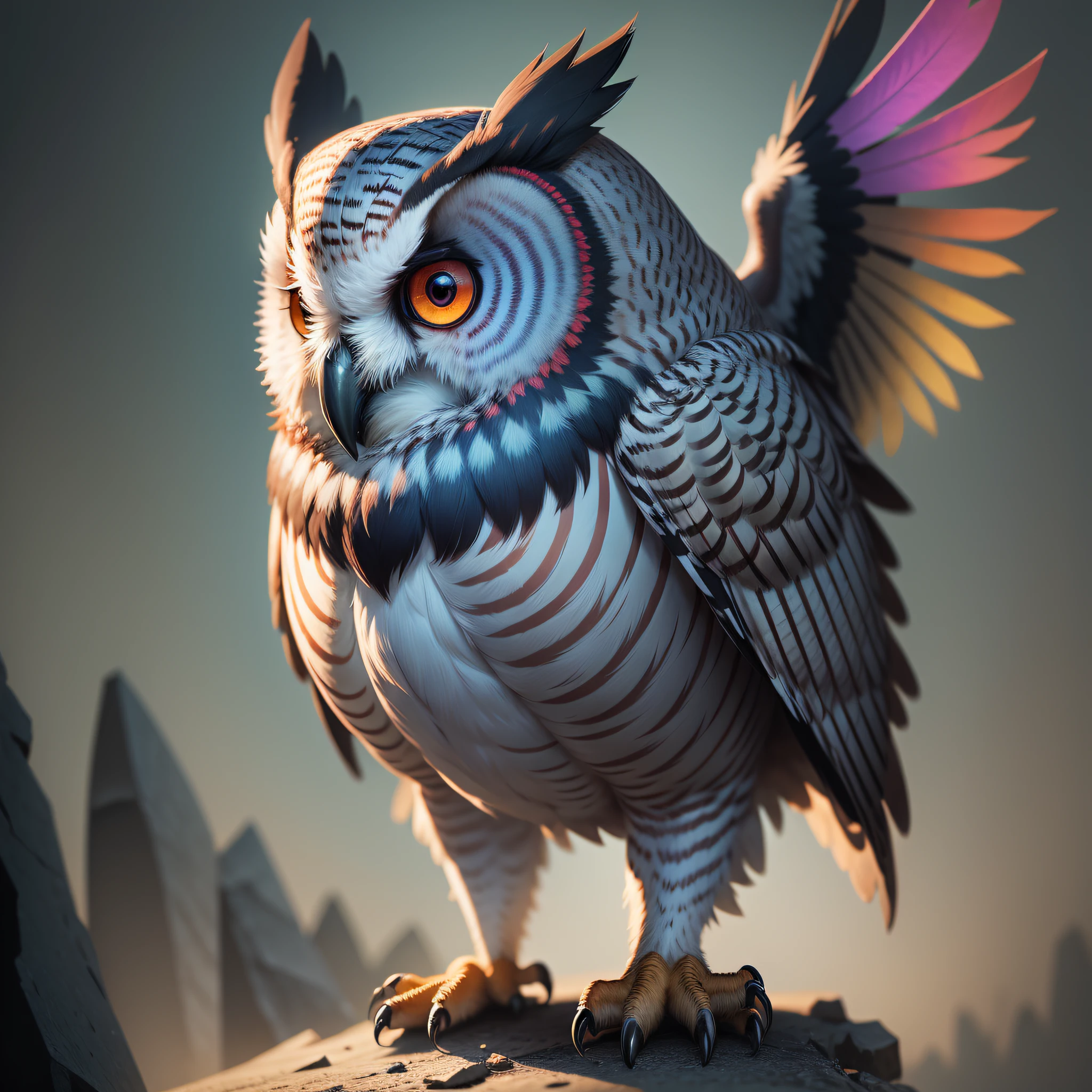 multicolored owl, full body, with angry look, Surrealism, cinematic lighting, HD.