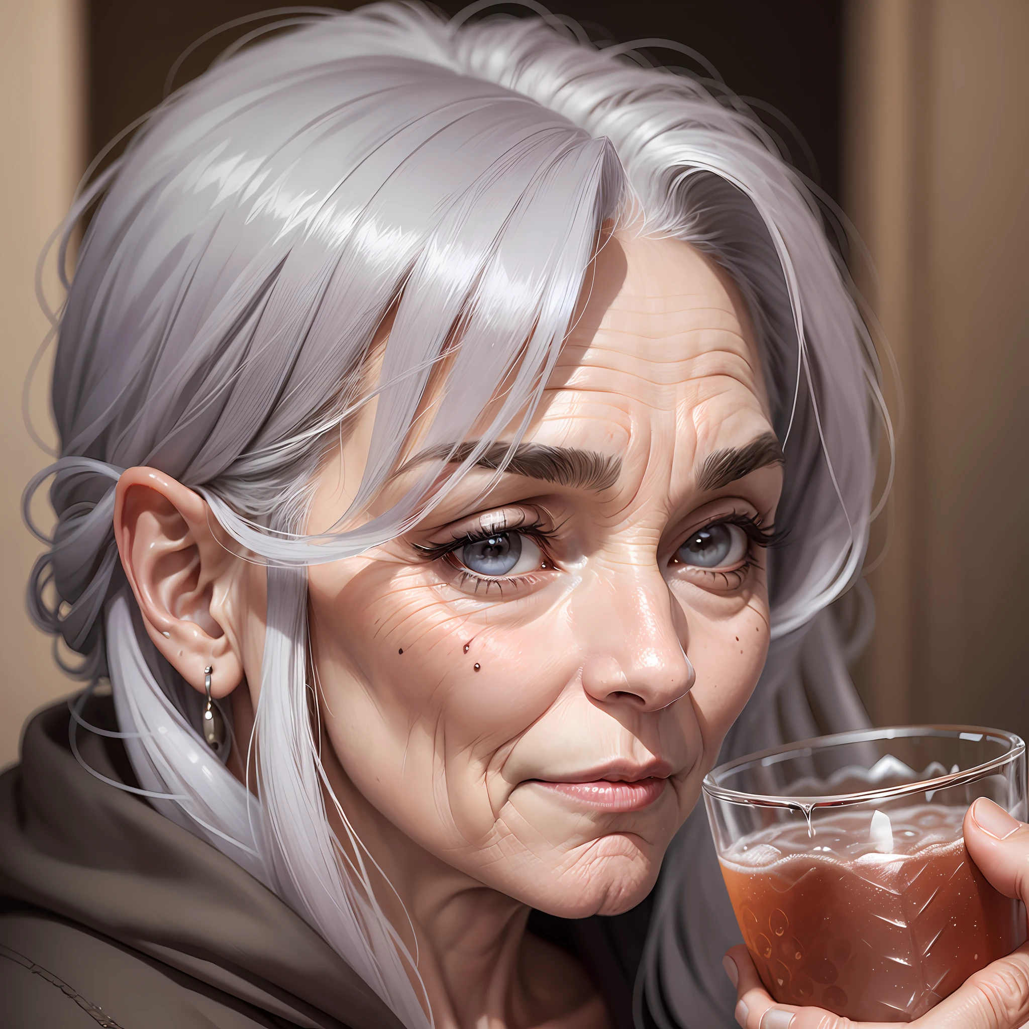 A woman of 60 years old, a large crooked powerful nose, a prominent chin with hair, wrinkled, most likely an ancient old woman She has gray eyes, a drink and a prominent crooked nose that draws attention to the mole between the eyebrows --auto --s2