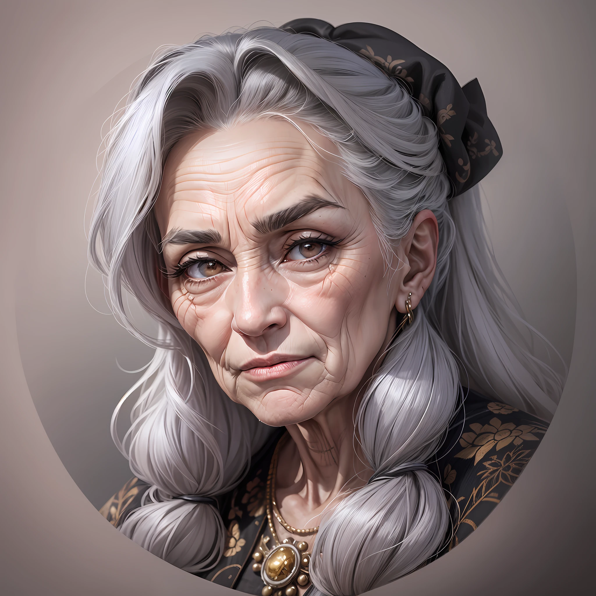 A woman of 60 years old, a large crooked powerful nose, a prominent chin with hair, wrinkled, most likely an ancient old woman She has gray eyes, a drink and a prominent crooked nose that draws attention to the mole between the eyebrows --auto --s2