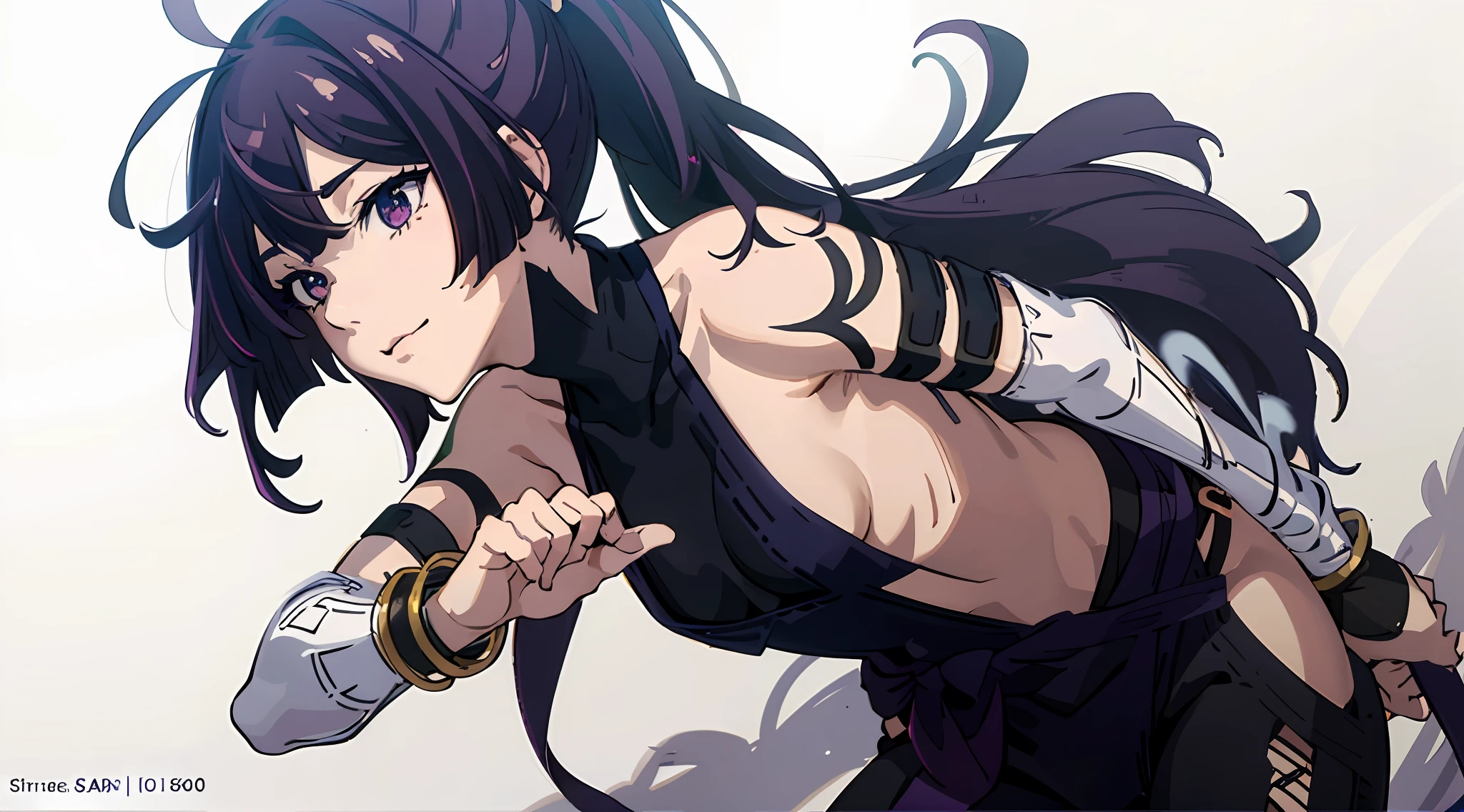 1girl, (solo), ((masterpiece)), (shadow), [slim], (small breasts), (detailed), cinematic lighting, (textured skin), ((8k)), ((very clear)), drop shadow, focused, shading, tracing, smooth, yuzuriha, pale skin, leaning foward, ponytail, purple hair, armpits, bracelets, smirk, standing, collarbone