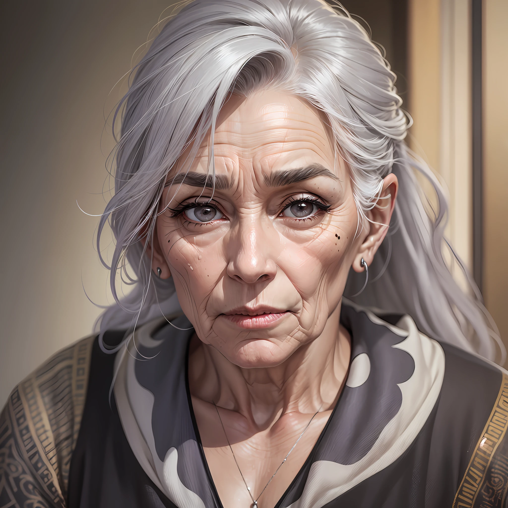 A woman of 60 years old, a large crooked powerful nose, a prominent chin with hair, wrinkled, most likely an ancient old woman She has gray eyes, a drink and a prominent crooked nose that draws attention to the mole between the eyebrows --auto --s2