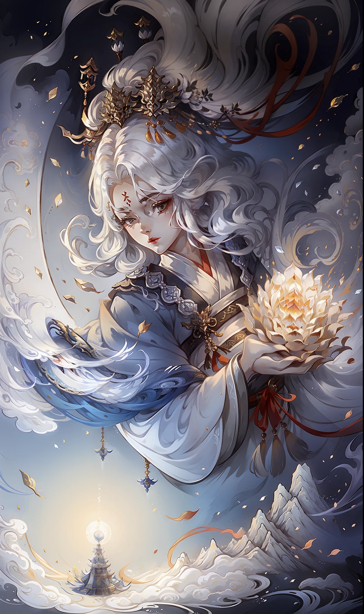 A girl, white hair, gods, ancient Chinese clothing, heavenly gods, super light effects, sunlight, clear face, clean white background, masterpiece, super detail, epic composition, ultra hd, high quality, extremely detailed, official art, super detail, 32k -- v 6