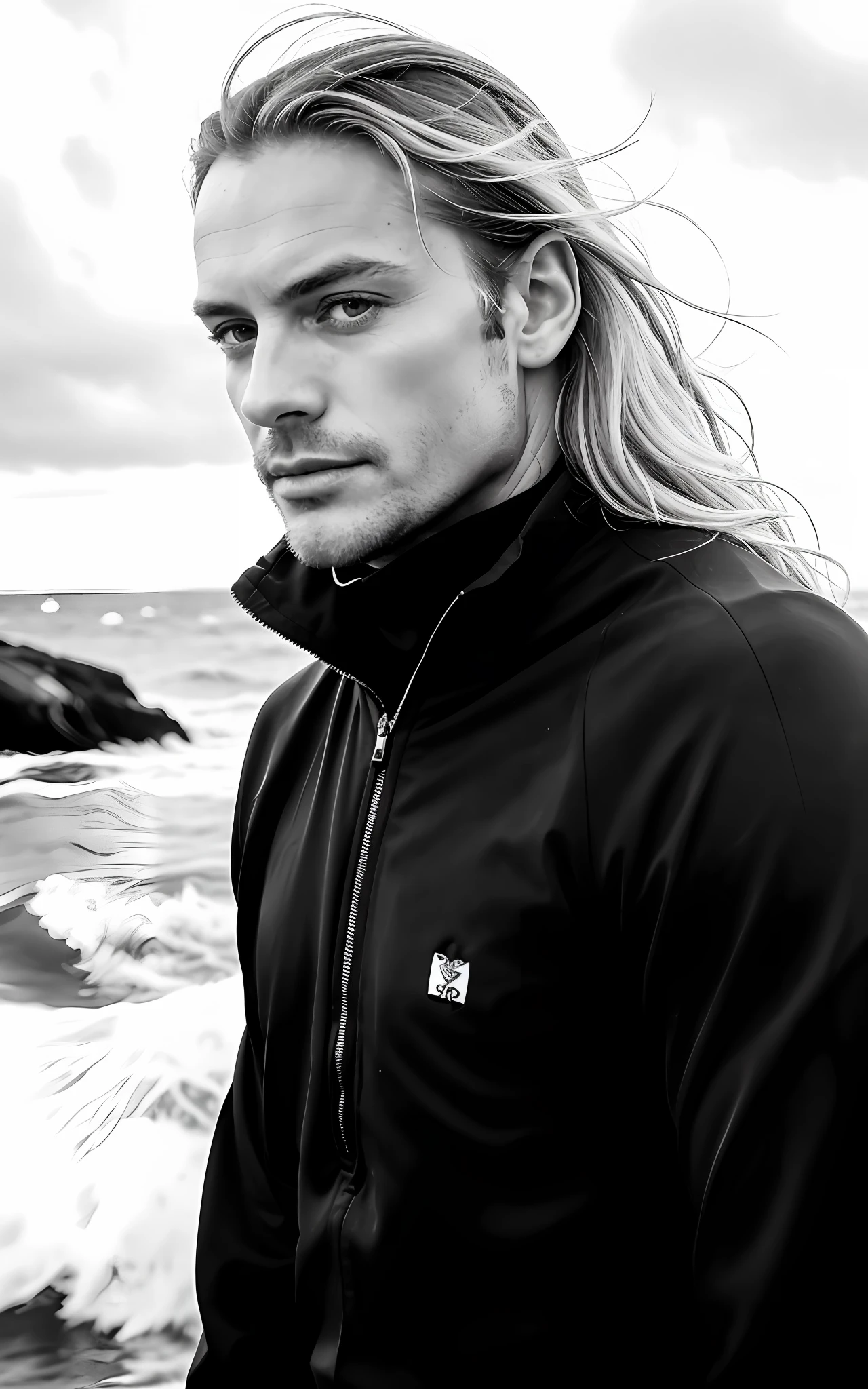 42 years old man in black black and white photo, blonde hair, long hair blown by the wind, focused eyes, face, half body, body, sailor suit, high detail skin, skin pores, coastline, cloudy, wind, waves, 8k uhd, SLR, soft light, high quality, film grain, Fujifilm XT3 --auto --s2