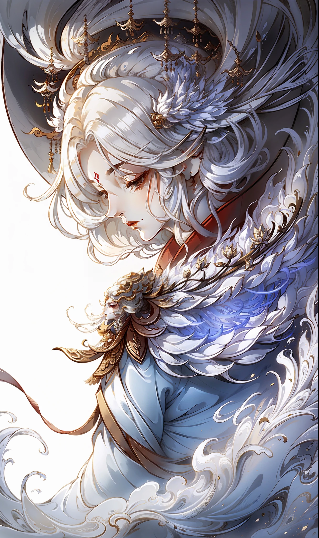 A girl, white hair, gods, ancient Chinese clothing, heavenly gods, super light effects, sunlight, clear face, clean white background, masterpiece, super detail, epic composition, ultra hd, high quality, extremely detailed, official art, super detail, 32k -- v 6