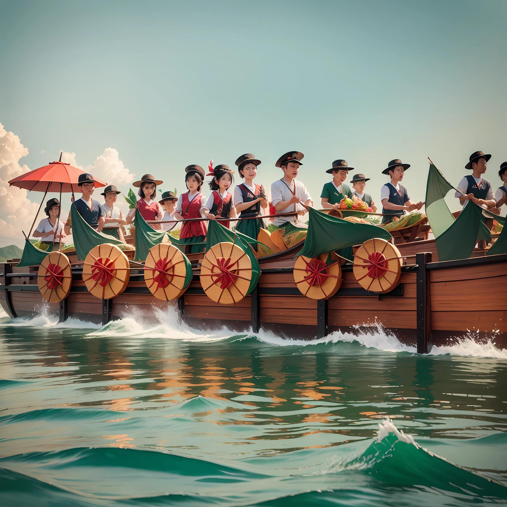Dragon Boat Festival, dragon boat, pictures of many people sitting on the dragon boat paddling, sailors, zongzi, sea, sunshine, decoration with dragon's head on the bow, decoration with dragon's tail on the stern --auto --s2