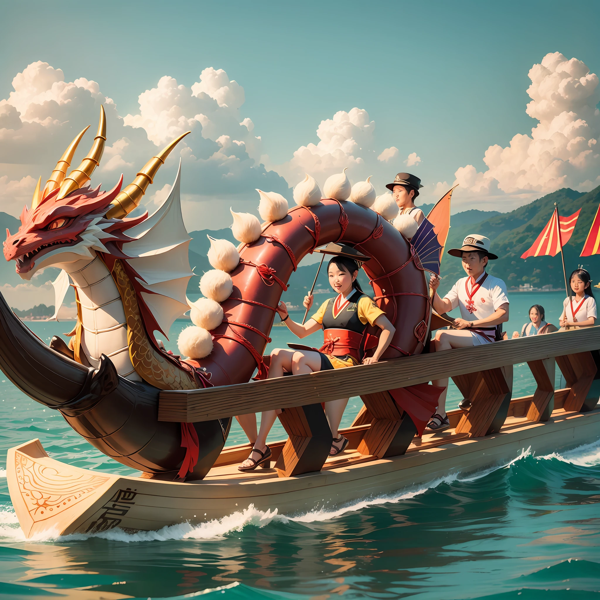 Dragon Boat Festival, dragon boat, pictures of many people sitting on the dragon boat paddling, sailors, zongzi, sea, sunshine, decoration with dragon's head on the bow, decoration with dragon's tail on the stern --auto --s2