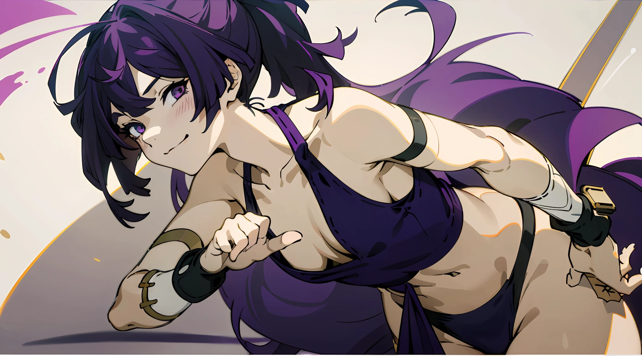 1girl, (solo), ((masterpiece)), (shadow), [slim], (small breasts), (detailed), cinematic lighting, (cleavage), (textured skin), ((8k)), ((very clear)), drop shadow, focused, shading, tracing, smooth, yuzuriha, pale skin, (leaning foward), ponytail, purple hair, armpits, bracelets, smirk, standing, (collarbone), hip vent