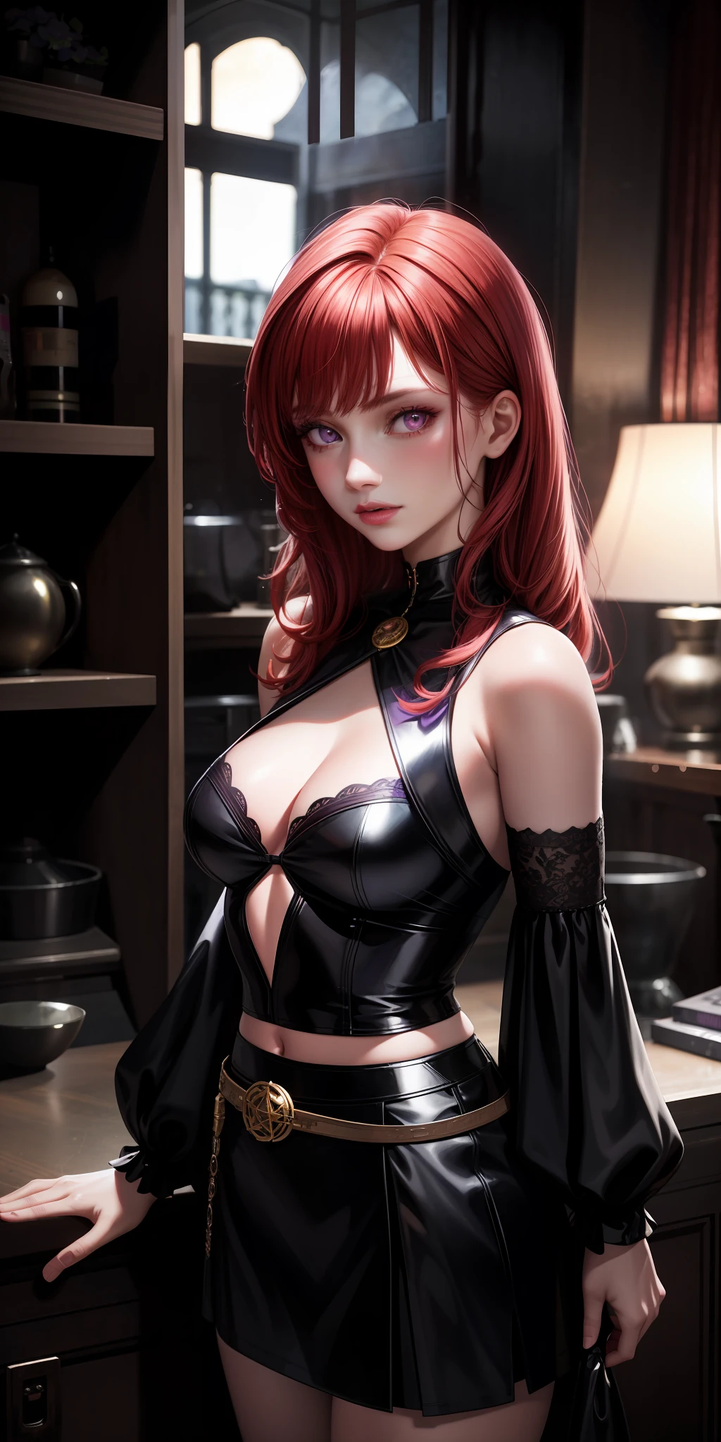 realistic, 1girl witch in the house of 18 anise, red hair, purple eyes, bright eyes, cropped top, skirt, lips half-open, breasts +++, blush, night, flowers, sun, sunlight, futuristic background++