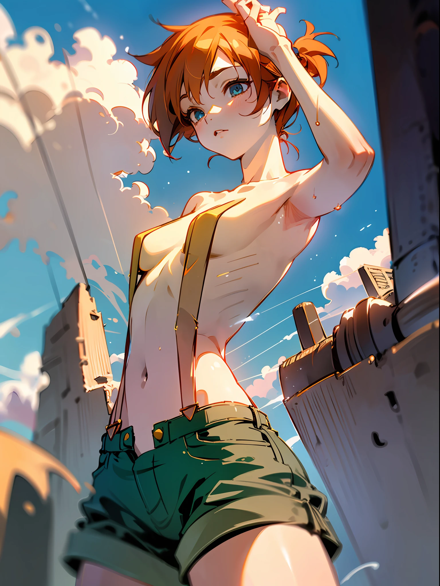 1girl, (solo), ((masterpiece)), (shadow), [slim], (small breasts), (detailed), cinematic lighting, (textured skin), ((8k)), ((very clear)), drop shadow, focused, shading, tracing, smooth, pale skin, suspender shorts, orange hair, armpits, (topless), (suspenders cover, above water, from below, low shot, collarbone, sky, cloud