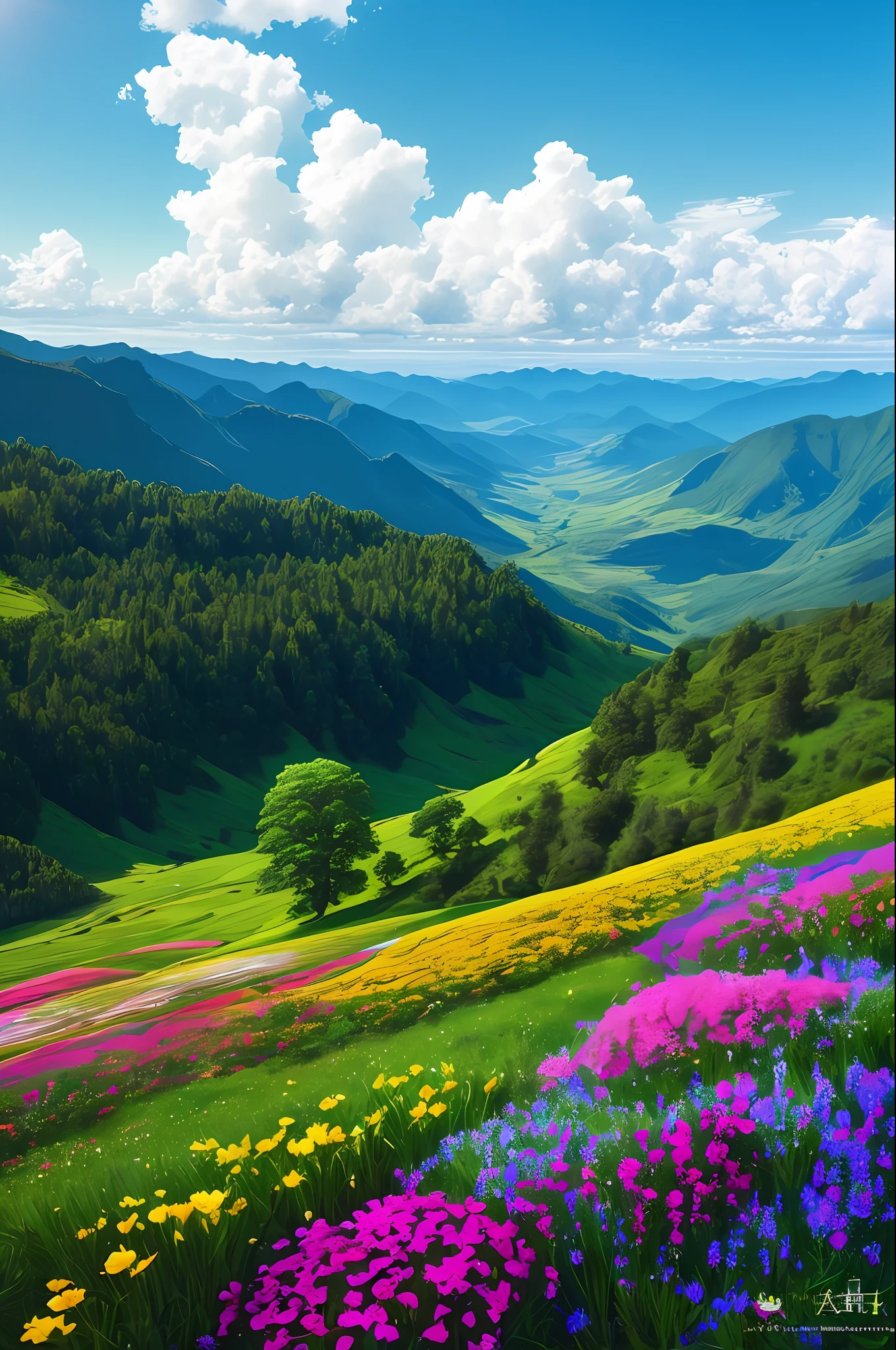 Before you stretches a beautiful immensity. The horizon opens in a spectacle of colors and shapes, a scenario that arouses admiration and reverence. The sky stretches out a deep blue, dotted with white clouds that dance gracefully.
On the horizon, majestic mountains rise with grandeur, its slopes covered with a living and lush vegetation. Centuries-old trees stretch towards the sky, forming a green dome that welcomes and protects the entire landscape.
Sunlight bathes this magnificent scene, shedding its golden rays on the earth. The shades of nature come to life, each leaf, each petal shines in vibrant colors. Flowers of all shapes and sizes grace the ground, creating multicolored rugs that extend as far as the eye can see.
The air is charged with vitality, a gentle breeze that brings with it the scents of vegetation. The fresh smell of the grass, the sweet scent of the flowers, all blend into an olfactory symphony that fills the senses.
This beautiful immensity is an invitation to contemplation and connection with nature. A place where harmony reigns, where the grandeur of the earth meets the serenity of heaven. In this magnificent setting, you feel small before the vastness of creation, but at the same time, an integral part of this divine spectacle.