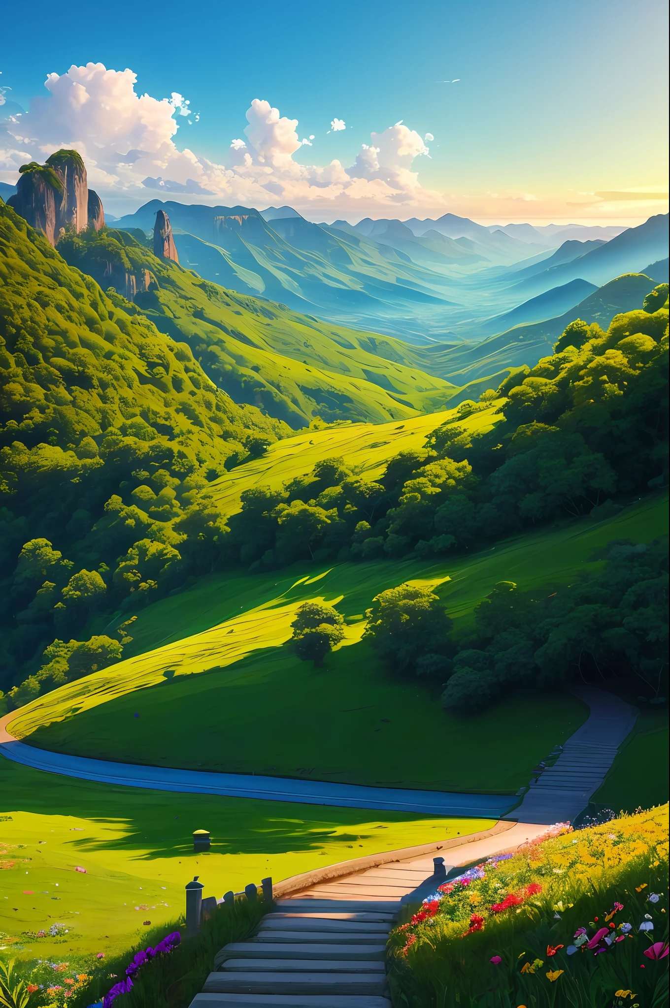 Before you stretches a beautiful immensity. The horizon opens in a spectacle of colors and shapes, a scenario that arouses admiration and reverence. The sky stretches out a deep blue, dotted with white clouds that dance gracefully.
On the horizon, majestic mountains rise with grandeur, its slopes covered with a living and lush vegetation. Centuries-old trees stretch towards the sky, forming a green dome that welcomes and protects the entire landscape.
Sunlight bathes this magnificent scene, shedding its golden rays on the earth. The shades of nature come to life, each leaf, each petal shines in vibrant colors. Flowers of all shapes and sizes grace the ground, creating multicolored rugs that extend as far as the eye can see.
The air is charged with vitality, a gentle breeze that brings with it the scents of vegetation. The fresh smell of the grass, the sweet scent of the flowers, all blend into an olfactory symphony that fills the senses.
This beautiful immensity is an invitation to contemplation and connection with nature. A place where harmony reigns, where the grandeur of the earth meets the serenity of heaven. In this magnificent setting, you feel small before the vastness of creation, but at the same time, an integral part of this divine spectacle.