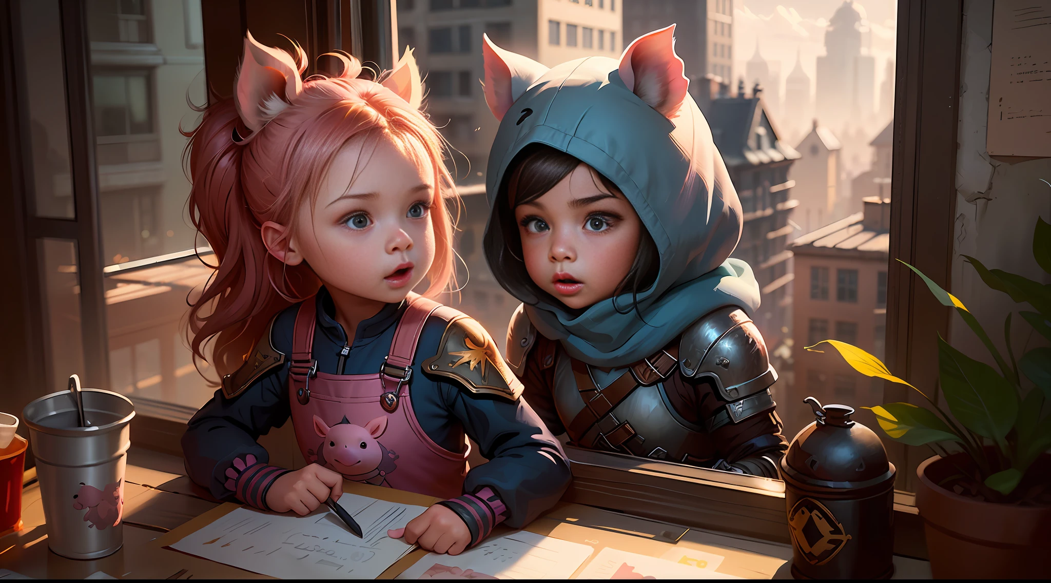 Little girl opens her mouth to surprise, on the windowsill of the city, Wojtek Fus, cute digital painting, anthropomorphic warrior piglet frowning, illustration