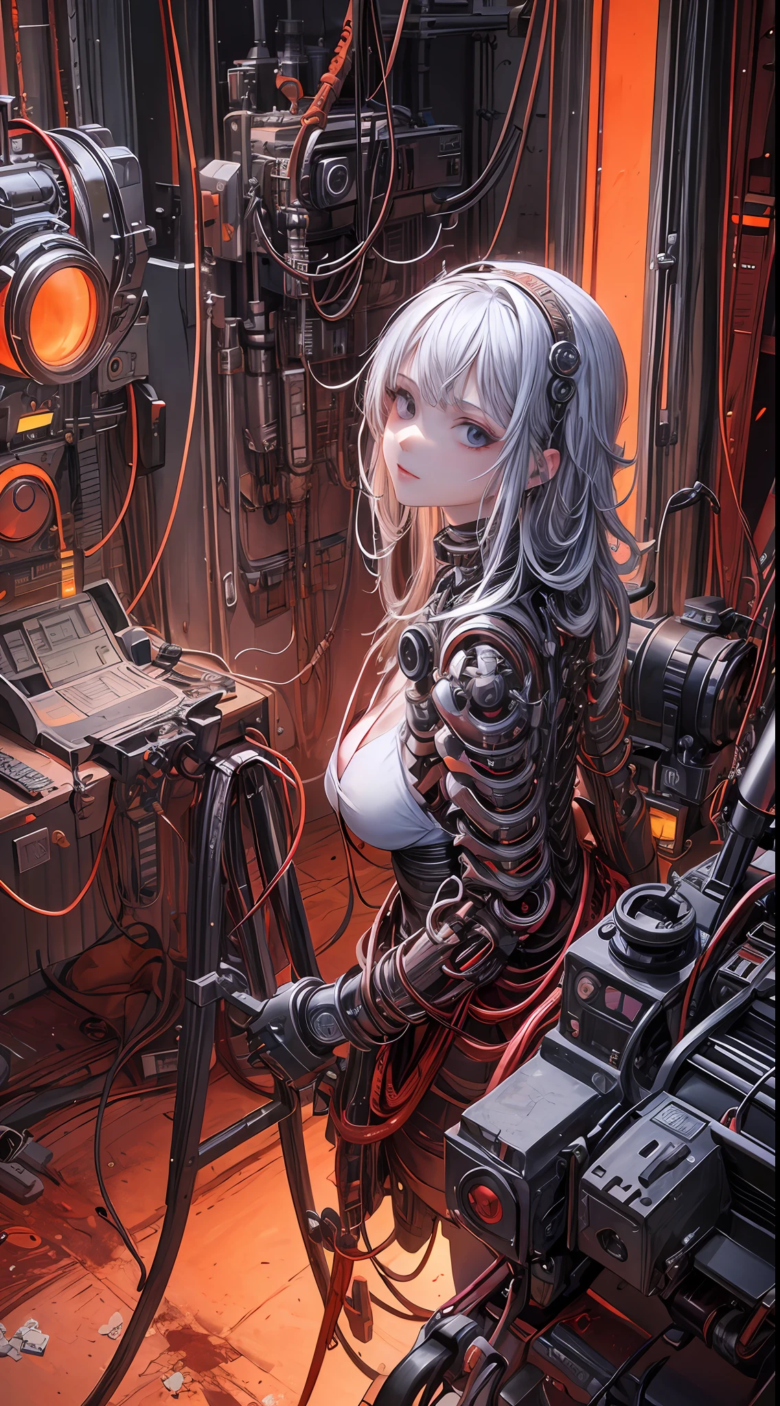 (((Masterpiece))), ((Best Quality)), (Super Detail), (CG Illustration), (Very Evil and Beautiful)), Cinematic Light, ((1 Mechanical Girl)), Single, (Mechanical Art: 1.4), ((Mechanical limb)), (Blood vessel attached to a tube), ((Mechanical spine attached to the back)), ((Mechanical cervical vertebrae attached to the neck), (Back to the viewer)), expressionless, ( Wires and cables attached to the head and body: 1.5), Science Fiction, Apocalypse, Ruins, (Lower Body Integrated with Mechanical Devices), (Blood: 1.5), Cruelty, Absurdity, Eroticism, Fusion with Machines, Doomsday Time, Super Future, Inorganic, Laboratory, Restraint, (Beautiful Indulgence: 1.2), (1 Girl: 1.3), Body Wrapped Around Mechanical Tentacles