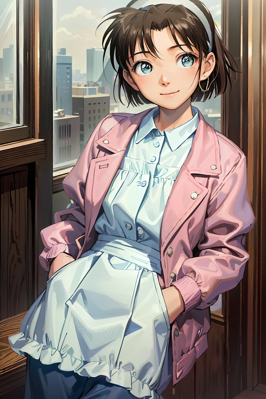 (masterpiece), (very high definition), (very high quality), (very detailed), (high definition), 1 girl, ayumi_yoshida, blue eyes, hair band, bangs, short hair, brown hair, depth of field, cowboy shot, smile, (doctor:1.2), hospital, during examination, (white jacket:1.2), hands in jacket pocket, black pants,