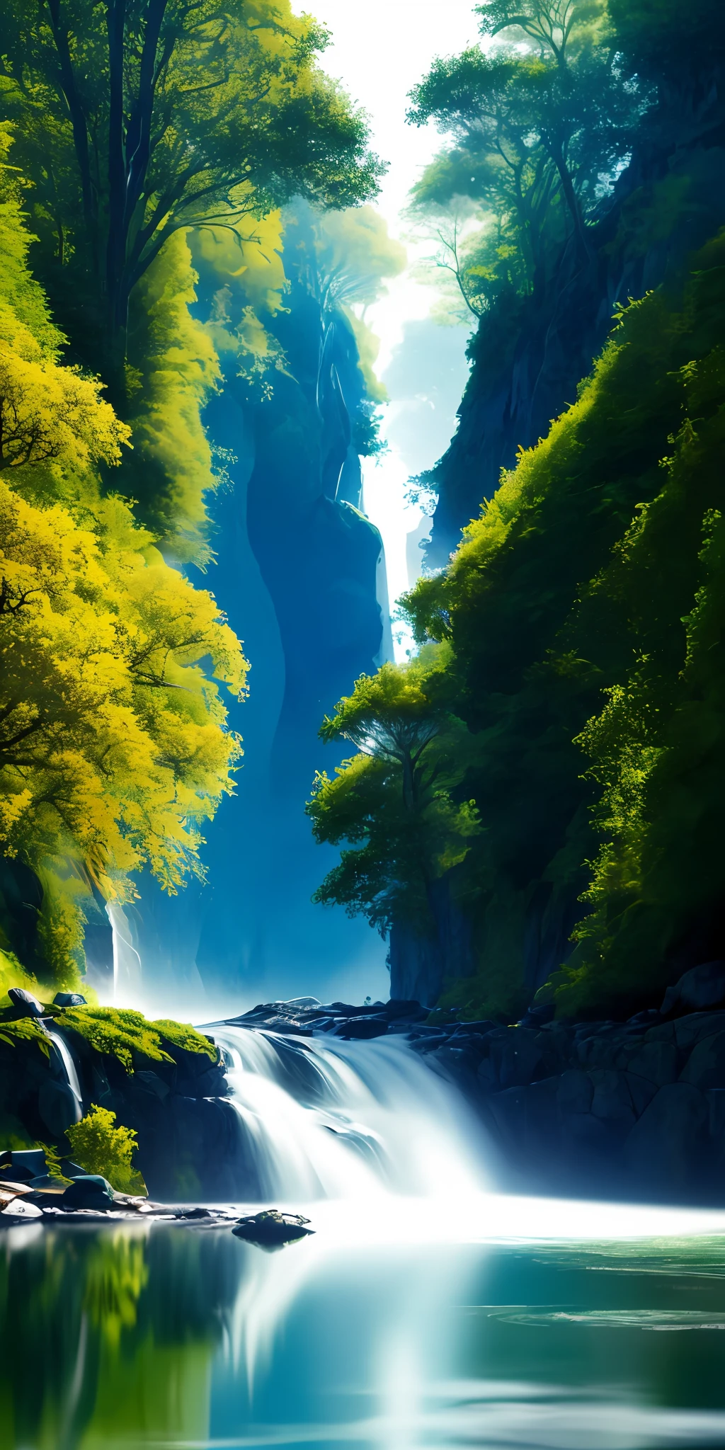 Analog style,ChromaV5,nvinkpunk,(extremely detailed CG unity 8k wallpaper),An image of a majestic river, trees on the sides, tiny waterfall, intense fog ,award winning photography, Chromatic Aberration, Detailed , HDR, Bloom, style by Monet, Pissarro, and Sisley ,trending on ArtStation, trending on CGSociety, art by midjourney