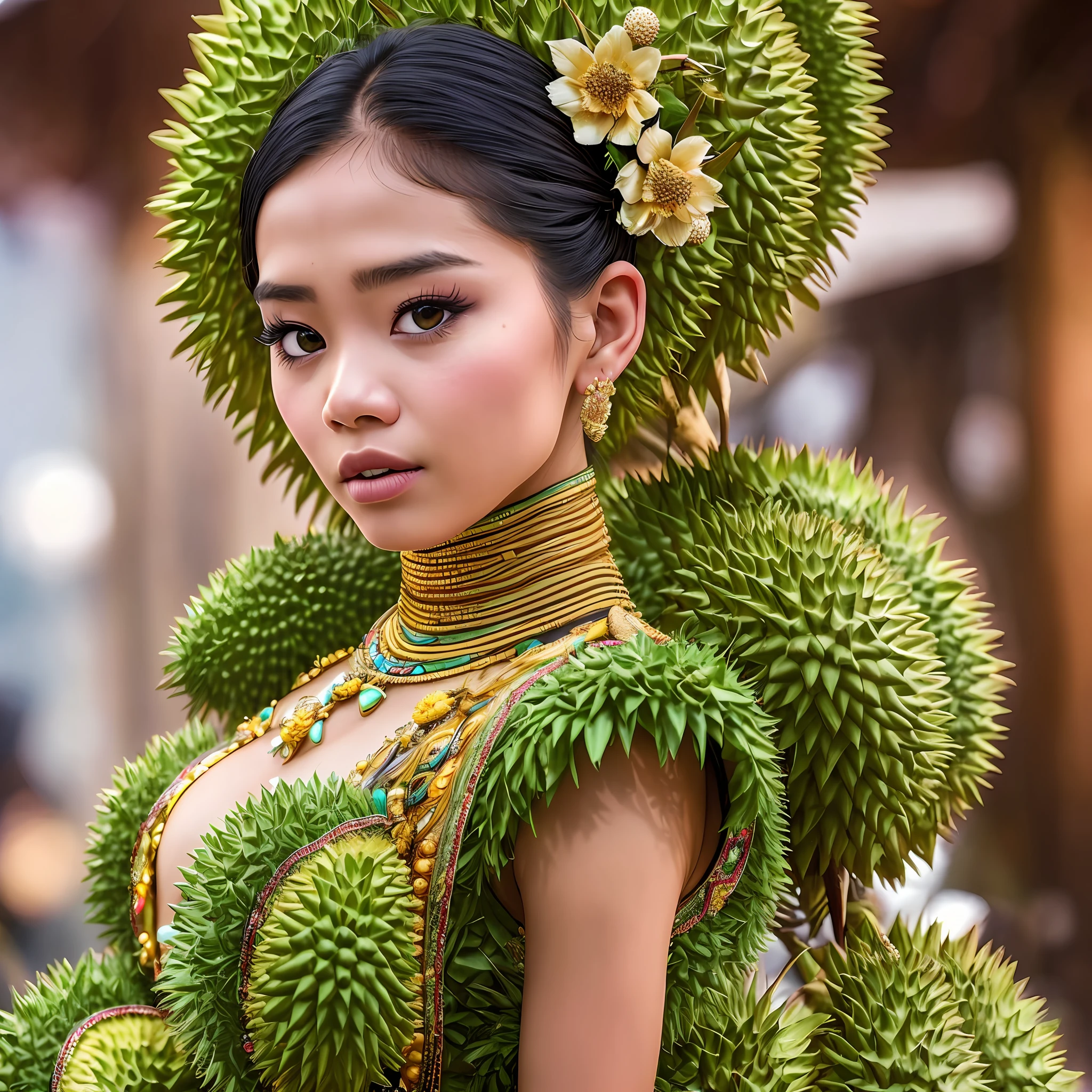 a woman in a dress made of durian thailand , cinematic, insane details, intricate details, hyperdetailed, bright face young woman thailand --auto --s2