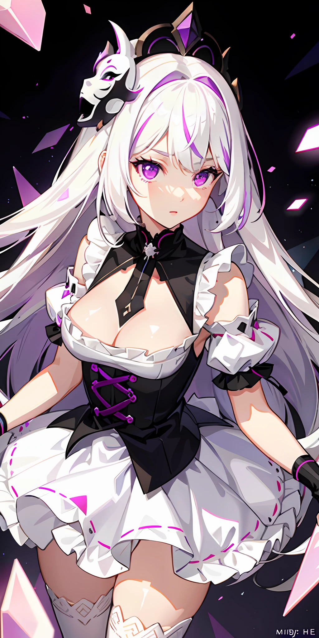 1girl, white hair, multicolored hair, purple eyes, mask on head, side light, light particles, wallpaper, medium chest, pink stockings, ta shoes