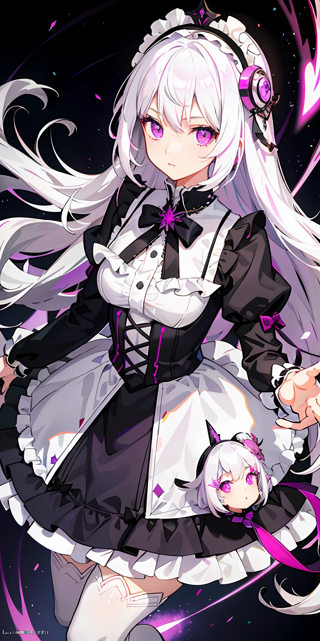 1girl, white hair, multicolored hair, purple eyes, mask on head, side light, light particles, wallpaper, medium chest, pink stockings, Lolita shoes
