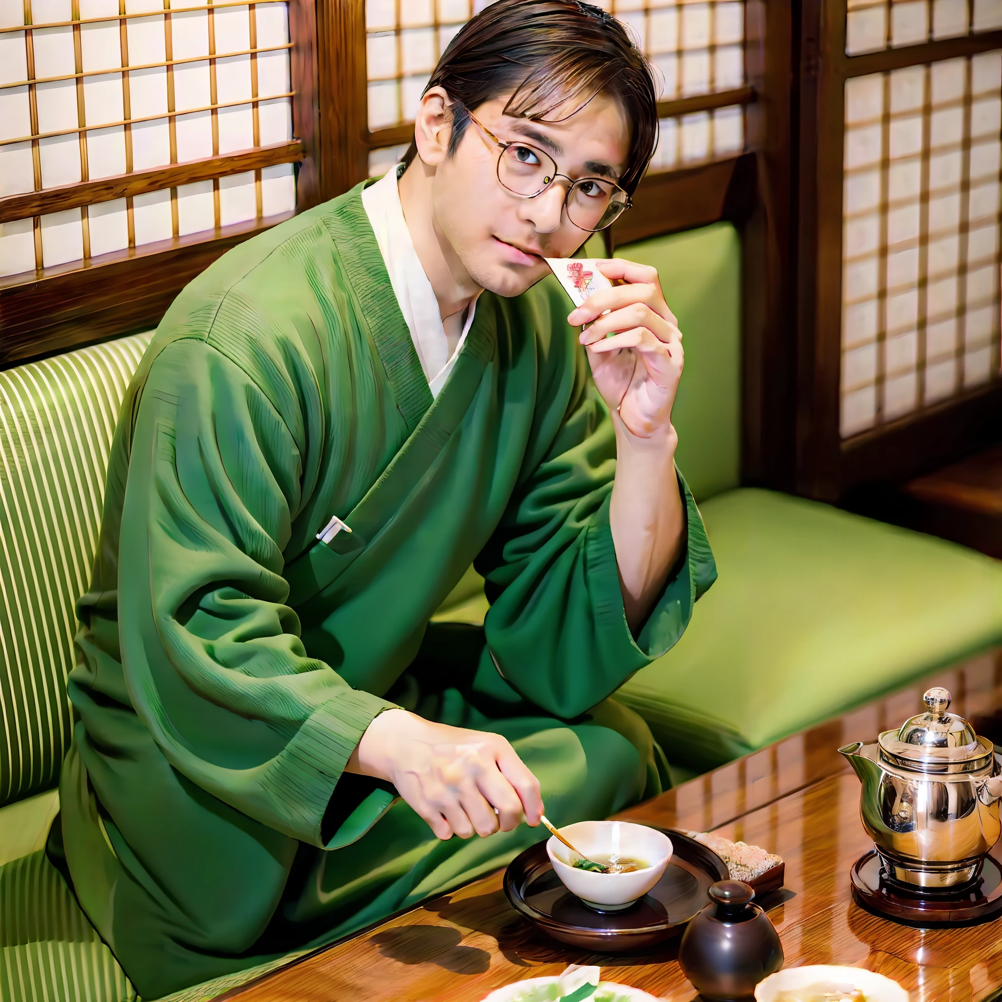 No beard: 5, Japan person, stylish handsome man, salt face, man wearing green Japanese clothes, small square black tabby glasses, holding a fan, sitting in the Japan tea room, tea ceremony, (without beard), Senrikyu