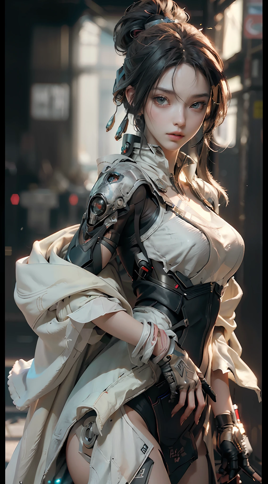 ((Best quality)), ((masterpiece)), (detailed:1.4), 3D, an image of a beautiful cyberpunk female,HDR (High Dynamic Range),Ray Tracing,NVIDIA RTX,Super-Resolution,Unreal 5,Subsurface scattering,PBR Texturing,Post-processing,Anisotropic Filtering,Depth-of-field,Maximum clarity and sharpness,Multi-layered textures,Albedo and Specular maps,Surface shading,Accurate simulation of light-material interaction,Perfect proportions,Octane Render,Two-tone lighting,Wide aperture,Low ISO,White balance,Rule of thirds,8K RAW,