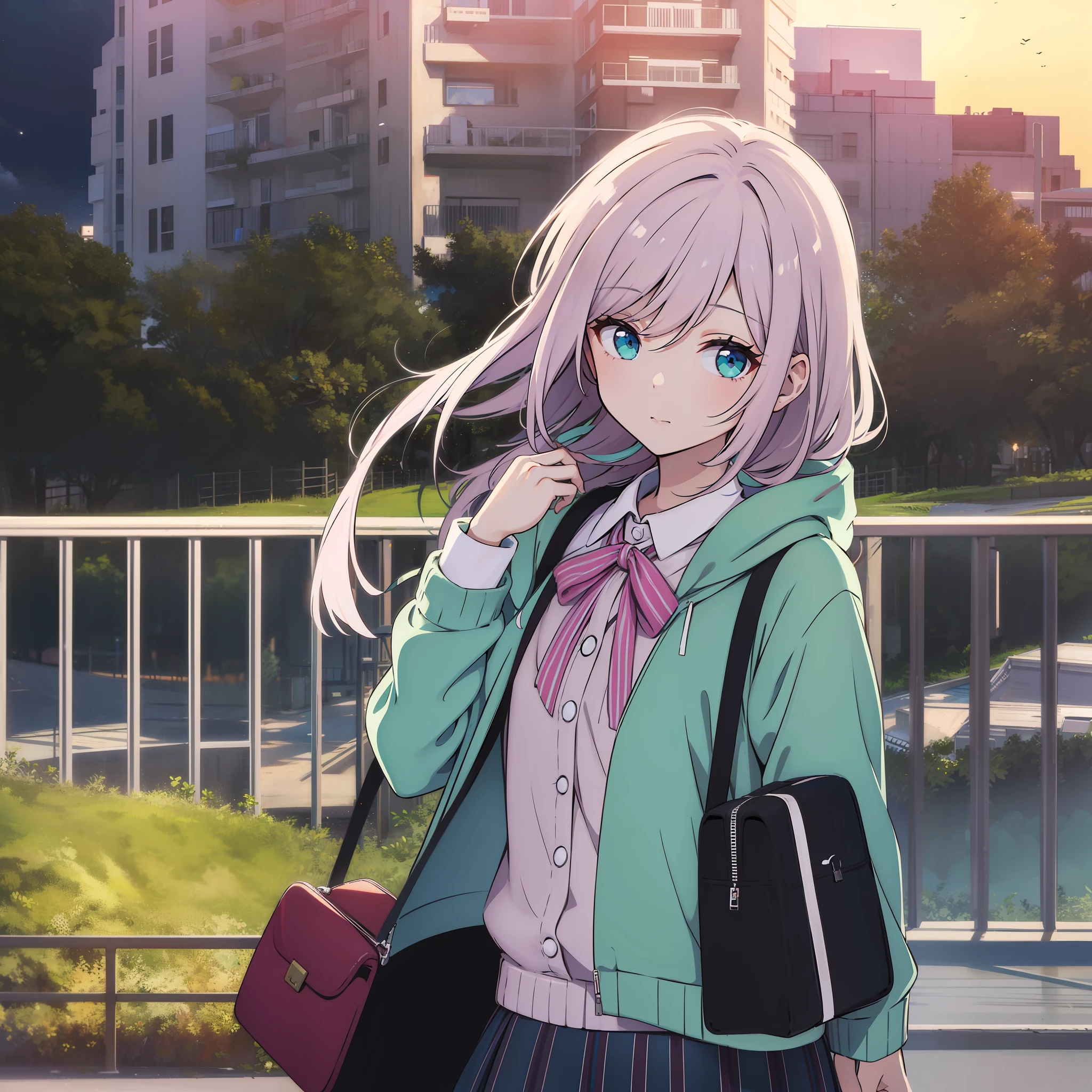 (masterpiece), (best quality), (highly detailed), 1girl, solo, cyan eyes, holding a bunny, looking at viewer, balcony, night, stars, holding a bunny, long sleeves, bangs, standing in balcony, closed mouth, evening time, long hair, hair between eyes, ribbon, open clothes, bag, autumn, black ribbon, coat, pastel hair ribbon, hair bun, upper body, jacket, sidelocks, blush.