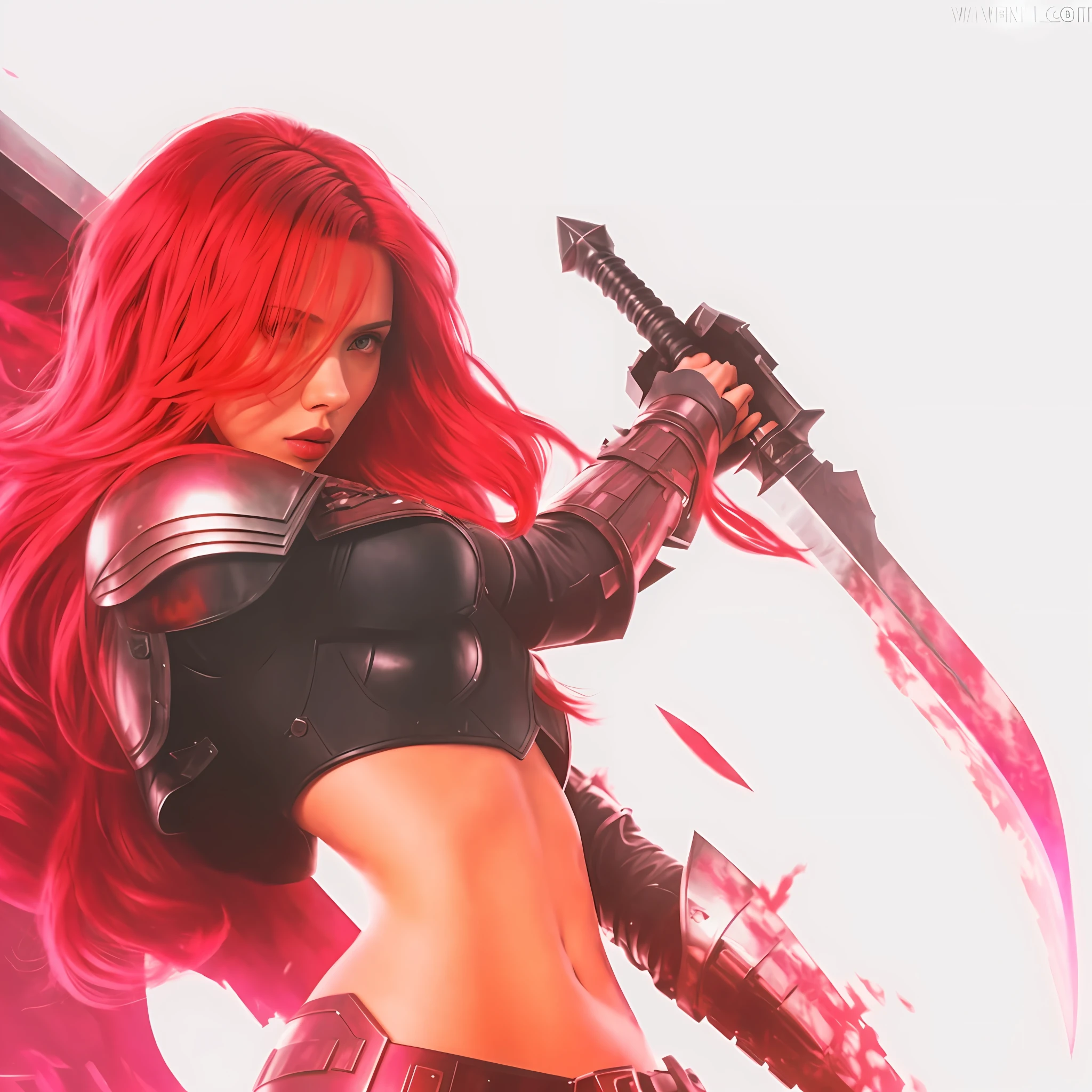 Actress Scarlett Johansson, magenta hair, armor, power sword.