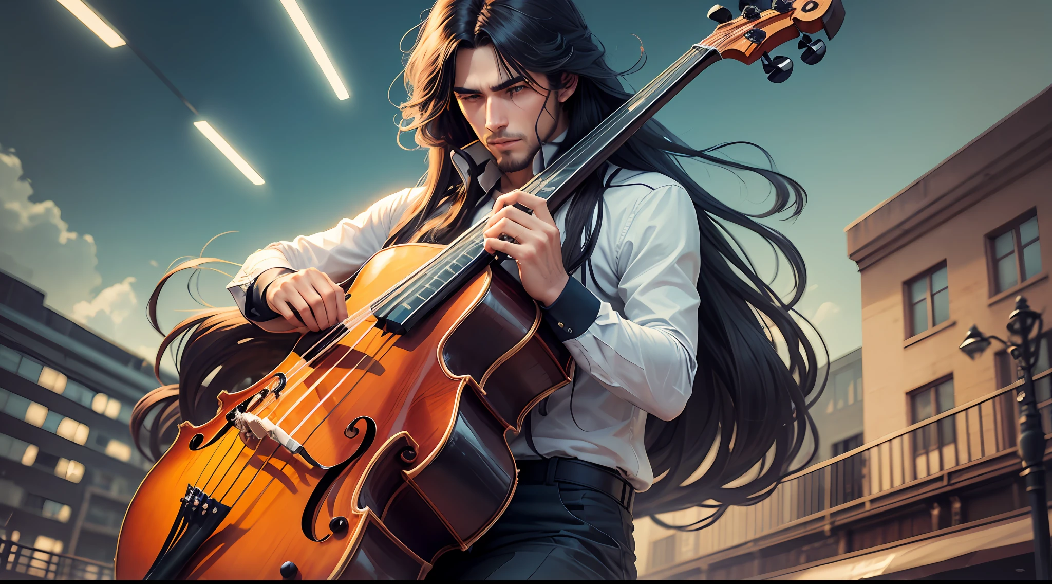 Man with long hair playing electric double bass --auto --s2