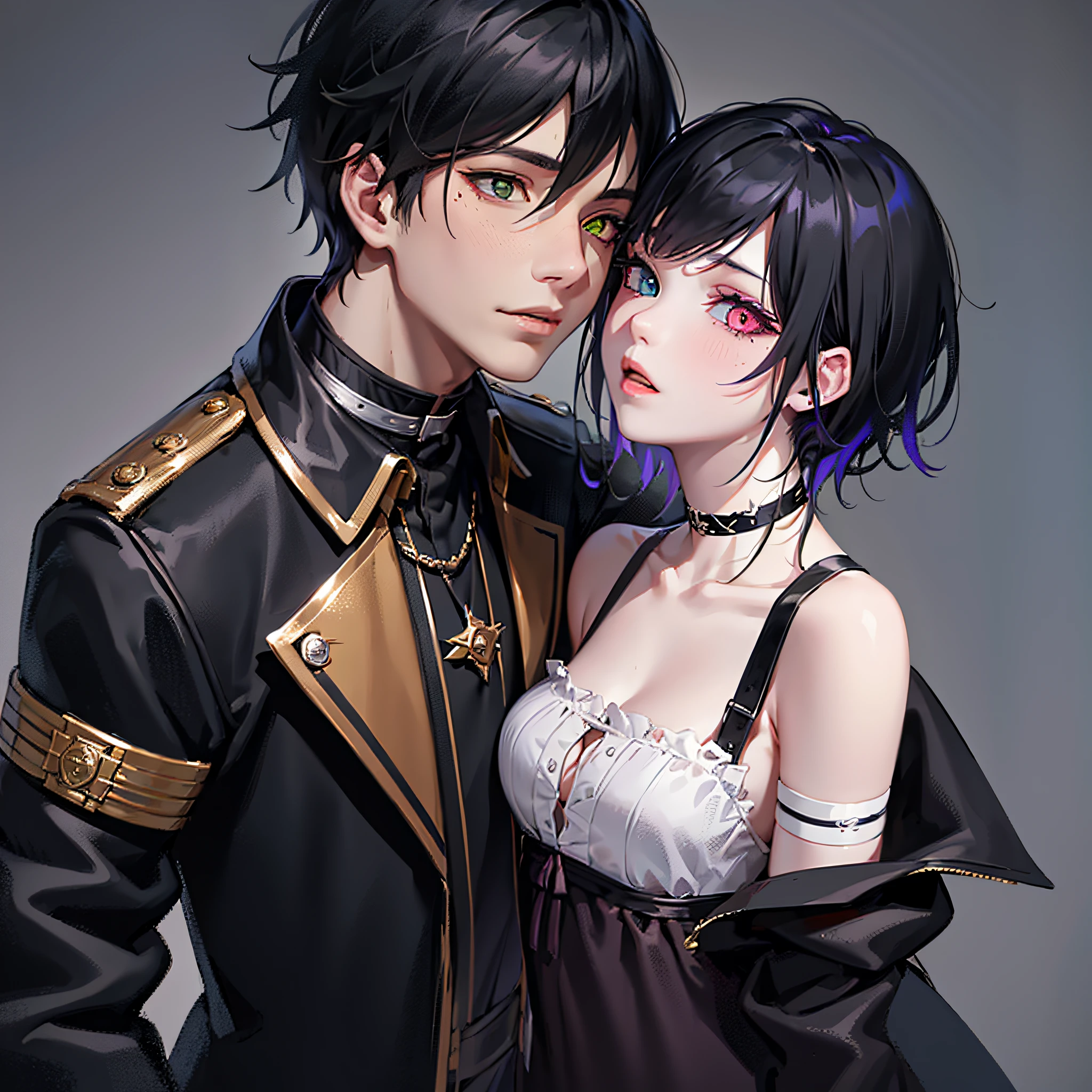 England Guy with Light skin, medium black hair, heterochromia, his left eye is orange and his right eye is green, he uses emo clothes, and is kissing a asian woman with short black hair with a front purple bang, white skin, pink eyes, goth clothes --auto --s2