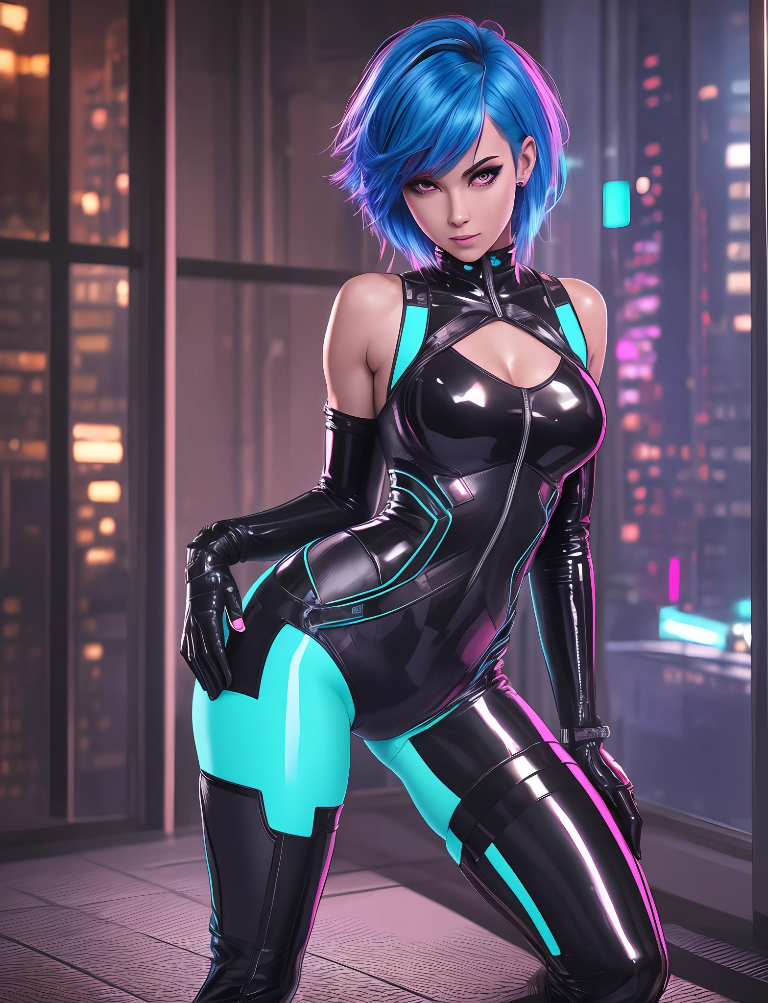 Full body, sexy girl, 20 years old, cuberpunk environment, neon colors bodysuit, vibrant and giggly fun loving poses. petite, perky, fit body, sculpted abs, short shaved blue hair, red eyes. full shot,full body,analog style,masterpiece,detailed sexy girl, 20 years old, light blue hair, standing in neon folored latex bodysuit and black nylon stockings, vibrant colors, giggly pose, garters, with legs spread in a very dark room, bulging underpants in the groin area,detailed very short shaved hair on the girl's head, detailed clean-shaven face, beautiful detailed red eyes, detailed long eyelashes and red eyebrows, detailed athletic physique, strong abs, skin pores, wet skin, skin gloss, natural skin, natural skin tone, detailed background of a cyberpunk city, lighting in the room intimate twilight, soft twilight, boudoir style, high resolution, clear focus, shot in the style of Helmut Newton --auto --s2