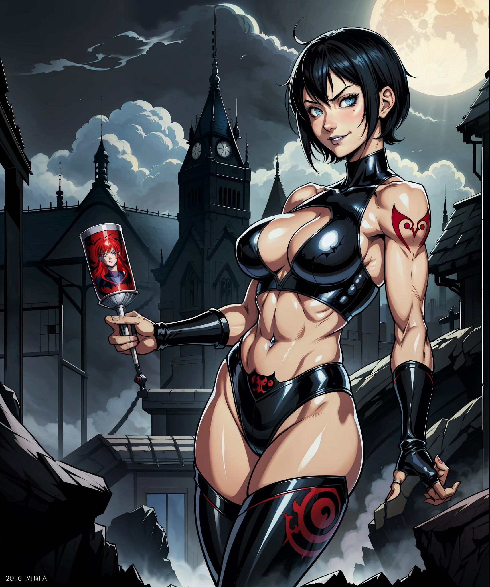 manga cover, 1girl, fair skin, Yusuke Murata art style, Yusuke Murata style, girl alone, short hair, black hair, blue eyes, anime girl with tribal tattoos on right arm, anime digital art, beautiful anime girl, female anime girl, anime art, muscular!, big oppai, Ilya Kuvshinov, badass 8k anime, anime art, cuberpunk hair, very attractive, sensual, gothic, blue vampire eyes, beautiful face, smiling, short black hair, perfect body, fit body, abdomen, big breasts, chubby butt, gothic clothes, vampire clothes, muscular, simple background with the moon, pale skin, vampire, ahegao,