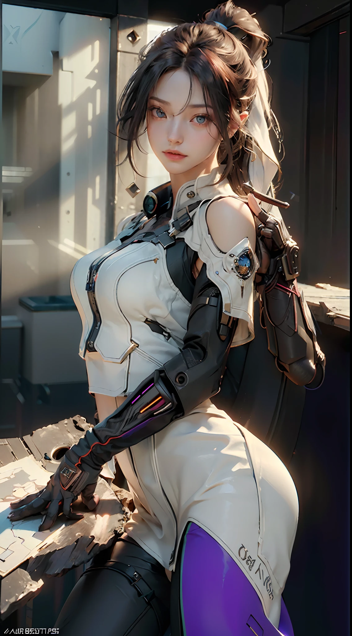 ((Best quality)), ((masterpiece)), (detailed:1.4), 3D, an image of a beautiful cyberpunk female,HDR (High Dynamic Range),Ray Tracing,NVIDIA RTX,Super-Resolution,Unreal 5,Subsurface scattering,PBR Texturing,Post-processing,Anisotropic Filtering,Depth-of-field,Maximum clarity and sharpness,Multi-layered textures,Albedo and Specular maps,Surface shading,Accurate simulation of light-material interaction,Perfect proportions,Octane Render,Two-tone lighting,Wide aperture,Low ISO,White balance,Rule of thirds,8K RAW,