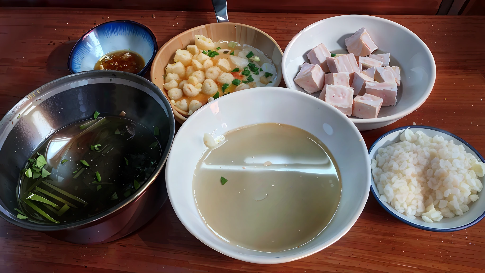 there are bowls of food on a table with a spoon in them, daopao, 🤬 🤮 💕 🎀, ingredients on the table, vietnam food, soup, 😭 🤮 💕 🎀, ❤🔥🍄🌪, taken in the early 2020s, cooked