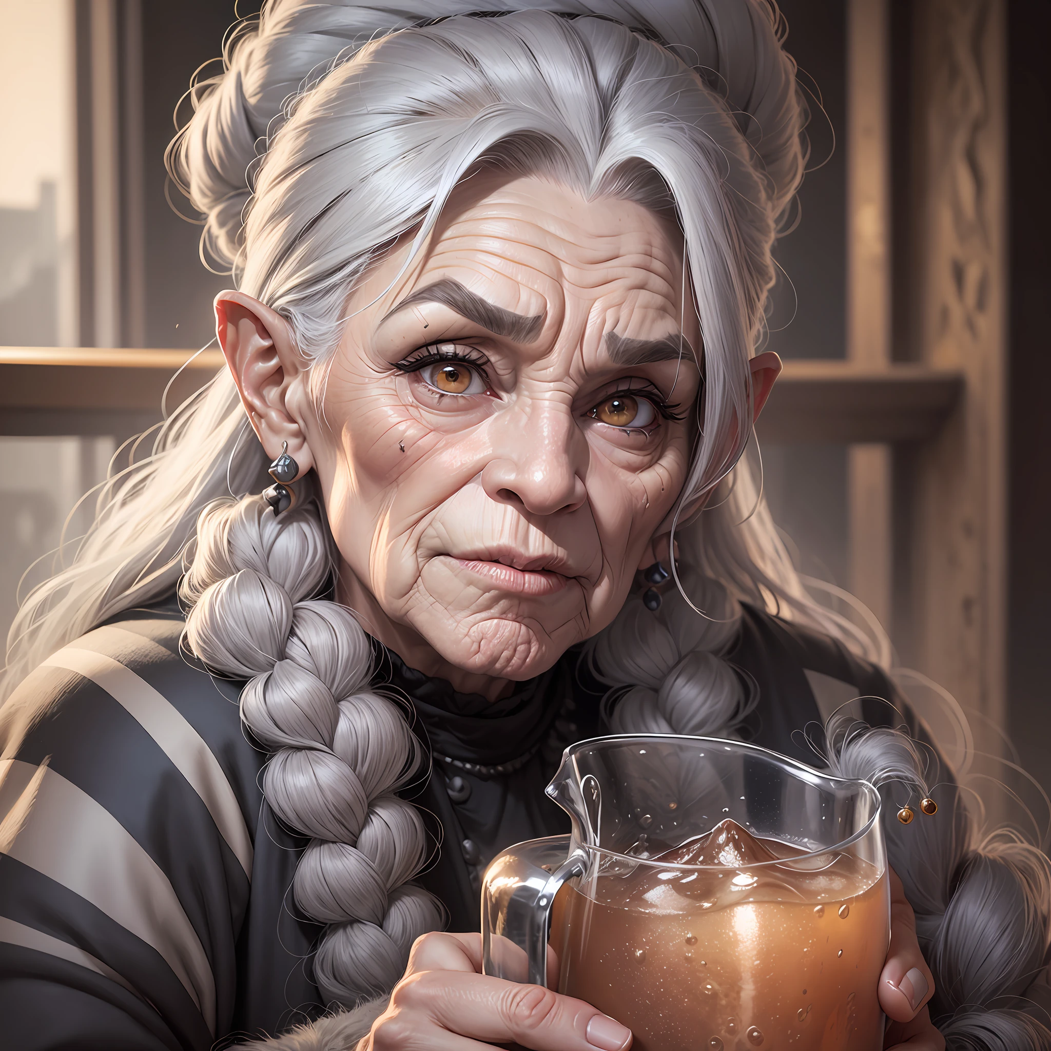 A woman of 60 years old, a troll-shaped face, warts with hair on her chin, a powerful jaw, a large powerful nose, a prominent chin with hair, wrinkled, most likely an ancient old woman She has gray eyes, a drink and a prominent crooked nose that draws attention to the mole between the eyebrows --auto --s2